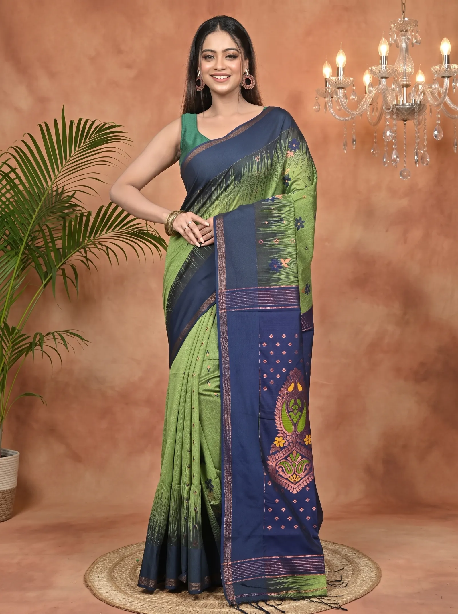 DipDiya Cotton Blend Green Blue Parlkim Masterfully Woven Ikkat Jharna Sarees