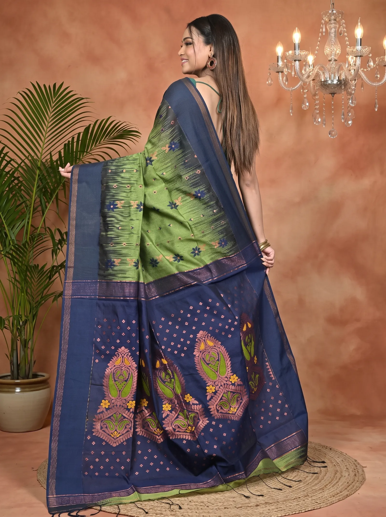 DipDiya Cotton Blend Green Blue Parlkim Masterfully Woven Ikkat Jharna Sarees