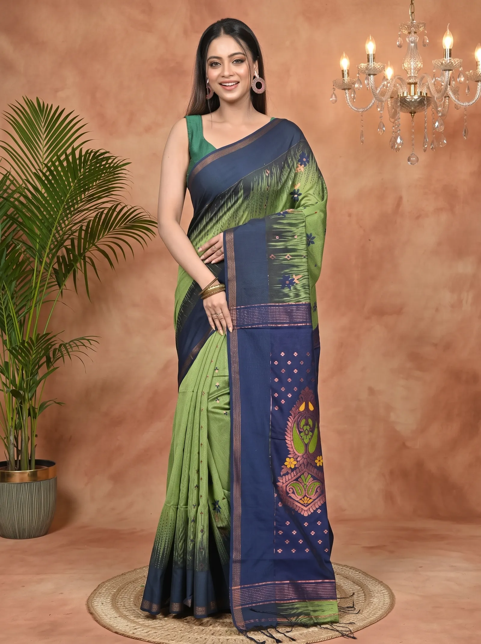 DipDiya Cotton Blend Green Blue Parlkim Masterfully Woven Ikkat Jharna Sarees