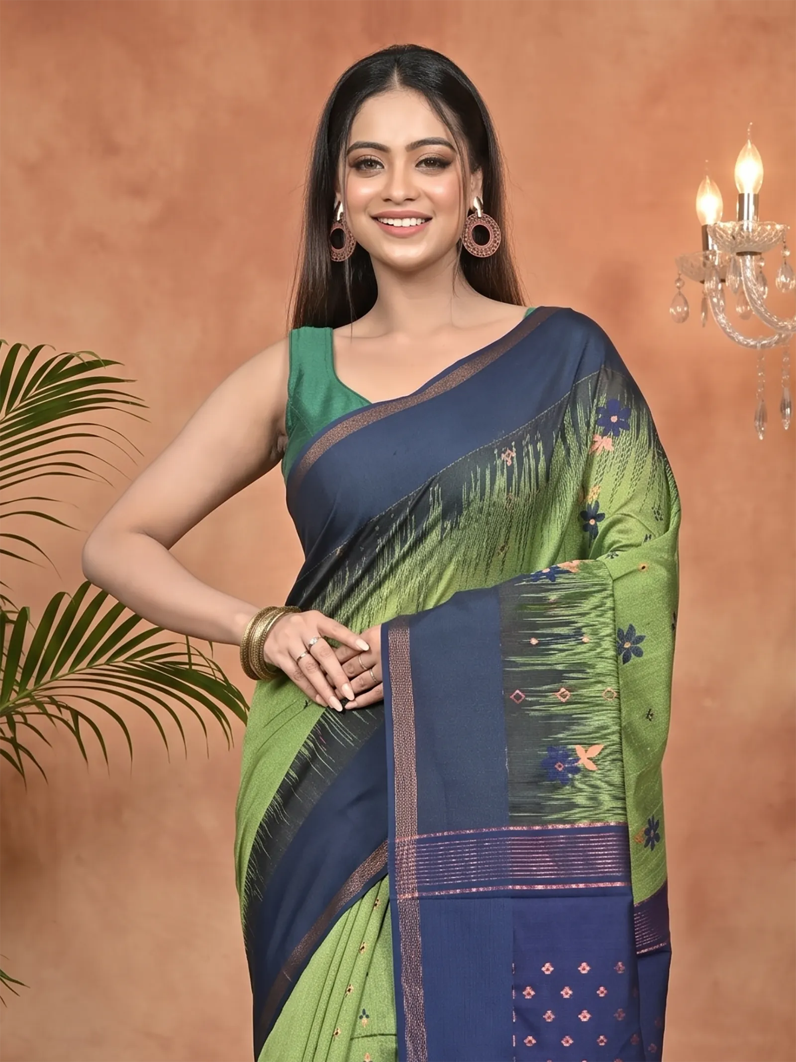DipDiya Cotton Blend Green Blue Parlkim Masterfully Woven Ikkat Jharna Sarees
