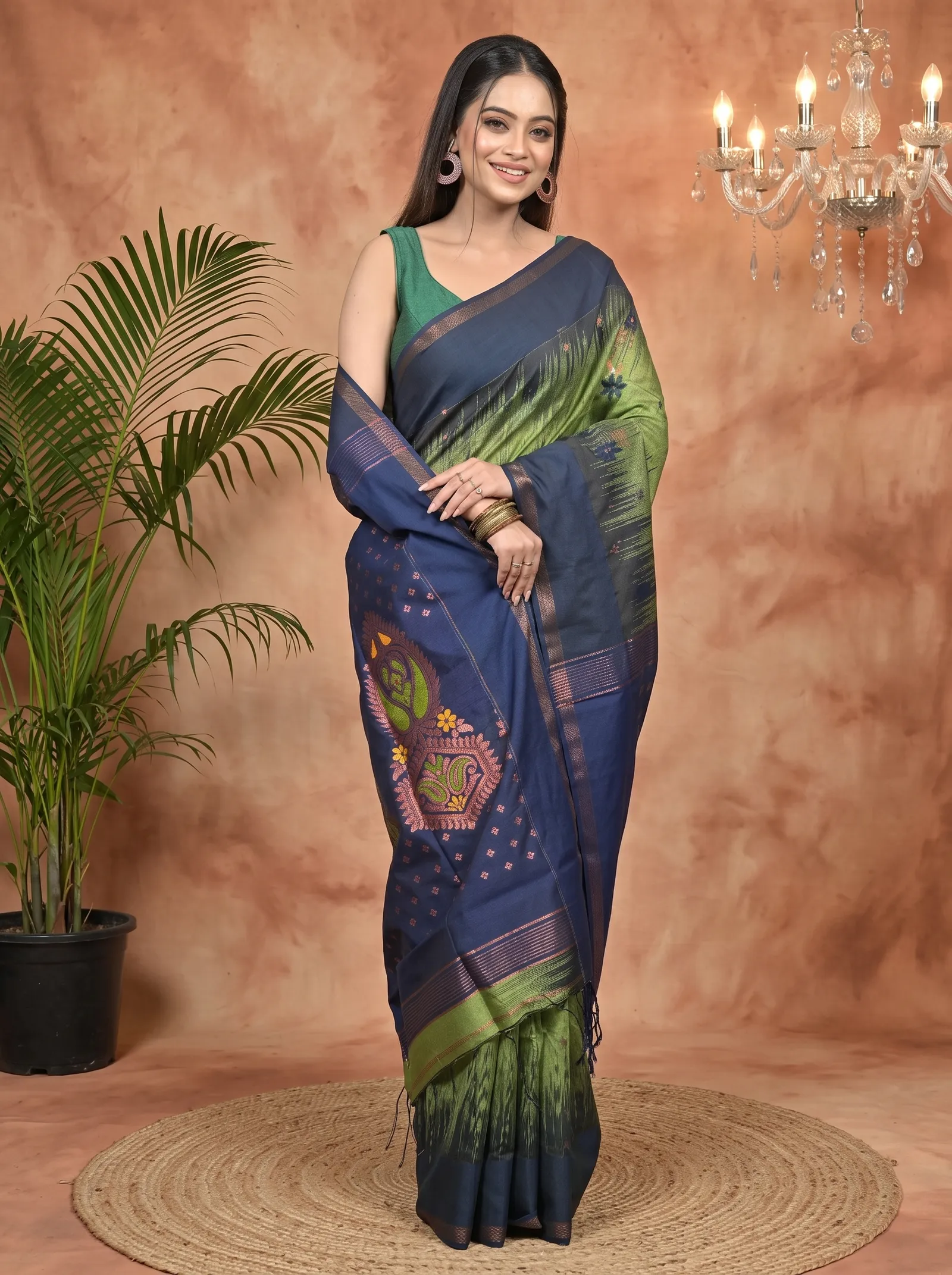 DipDiya Cotton Blend Green Blue Parlkim Masterfully Woven Ikkat Jharna Sarees