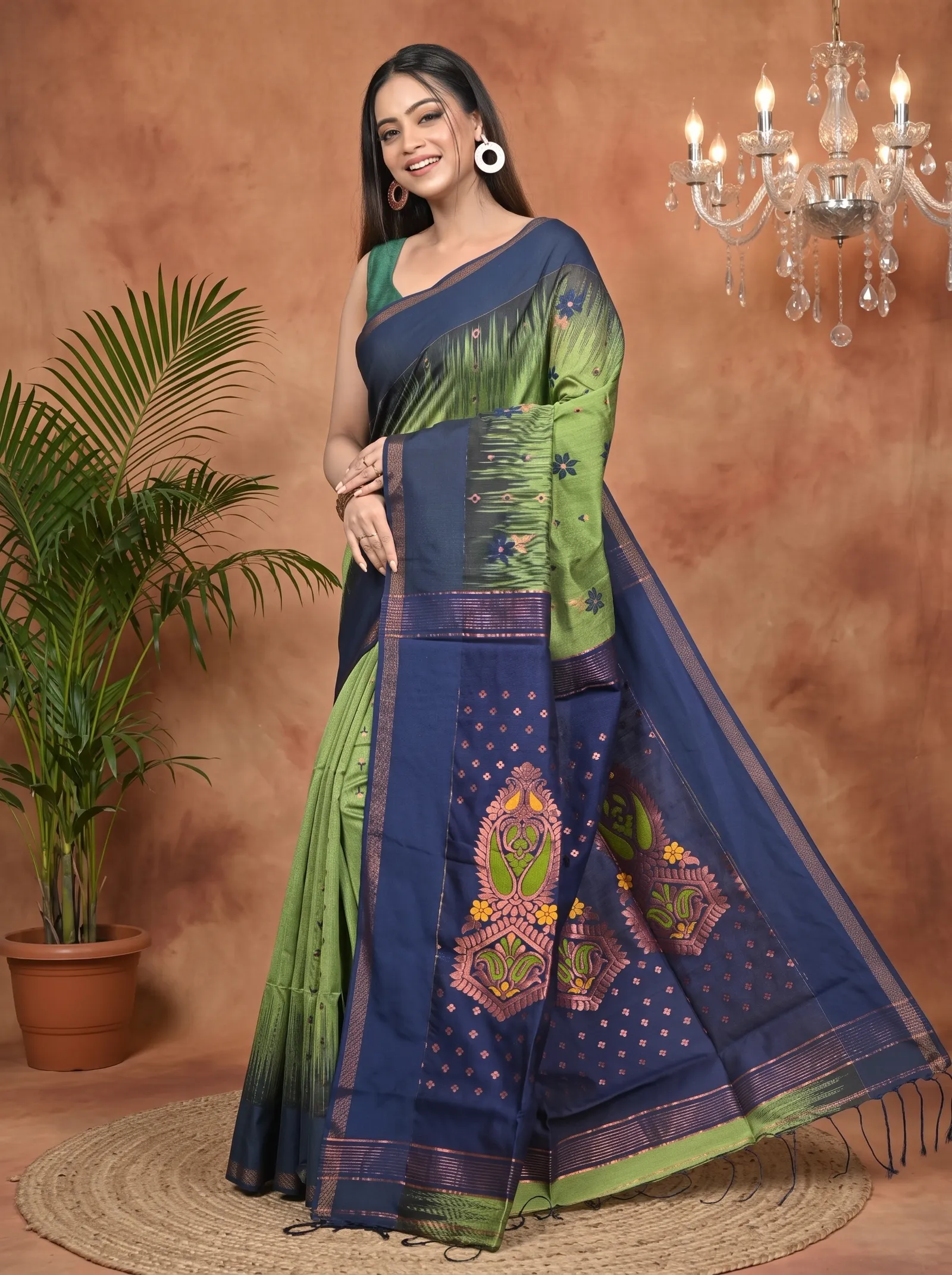 DipDiya Cotton Blend Green Blue Parlkim Masterfully Woven Ikkat Jharna Sarees
