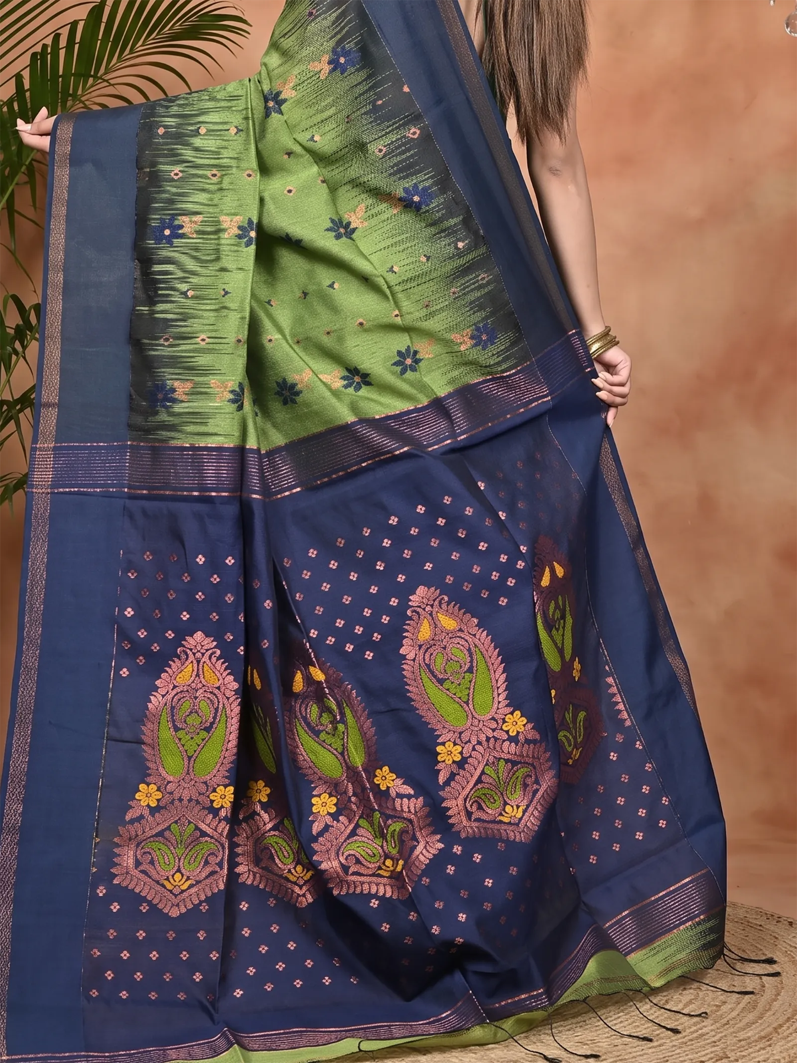 DipDiya Cotton Blend Green Blue Parlkim Masterfully Woven Ikkat Jharna Sarees