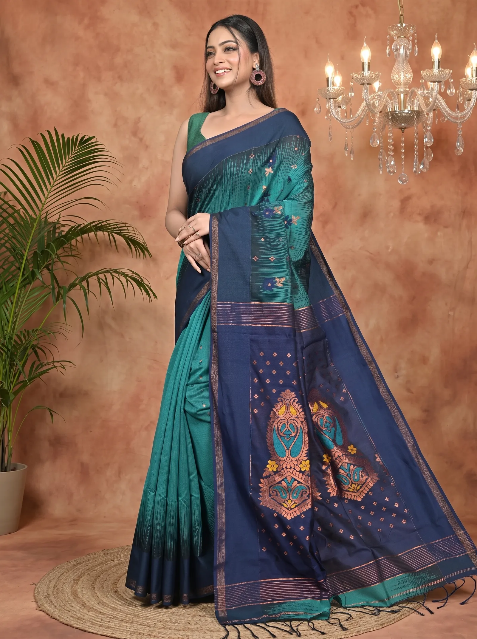 DipDiya Cotton Blend Green Naby Blue Parlkim Regal Bengali Ikkat Jharna Sarees