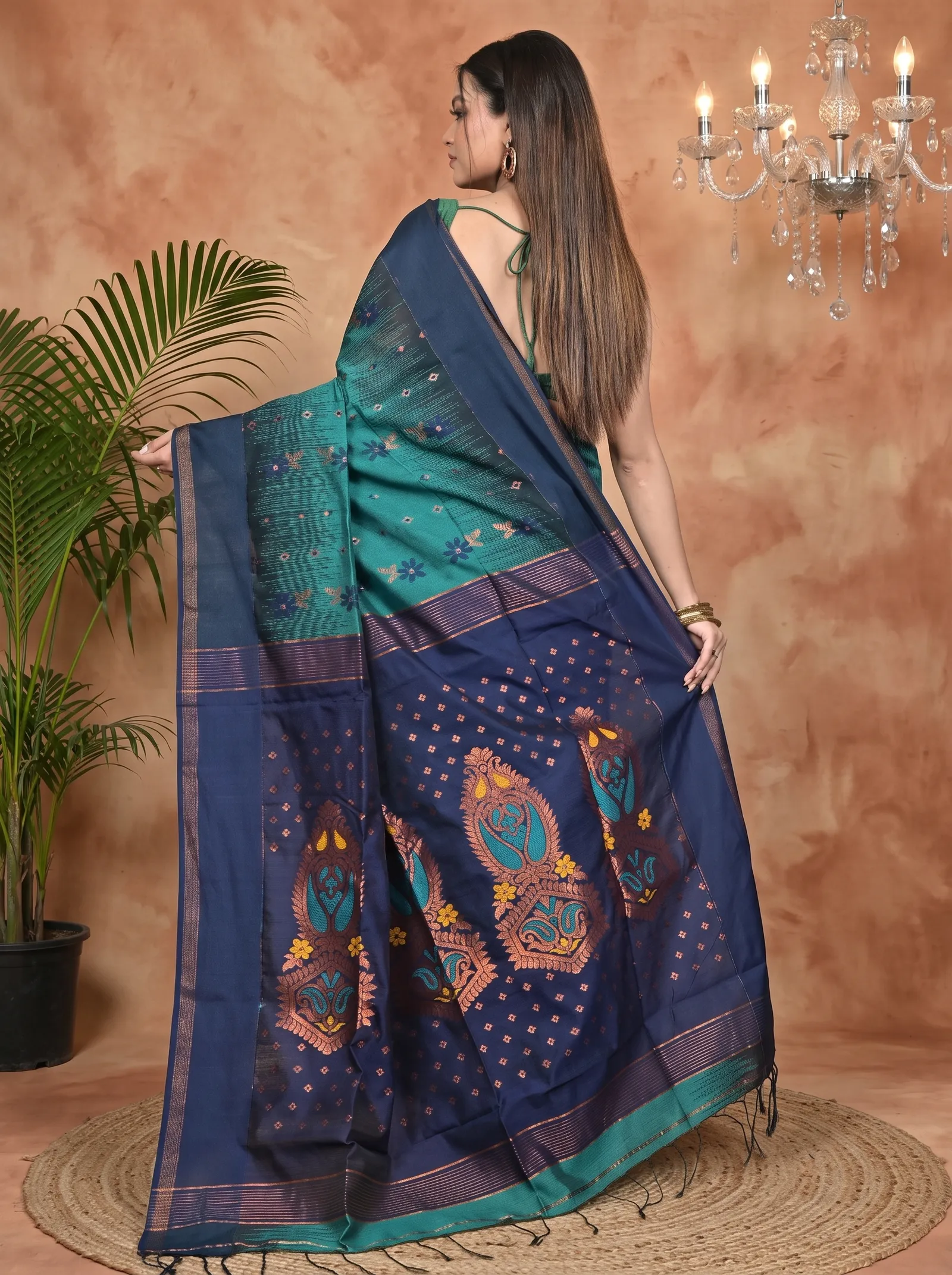 DipDiya Cotton Blend Green Naby Blue Parlkim Regal Bengali Ikkat Jharna Sarees