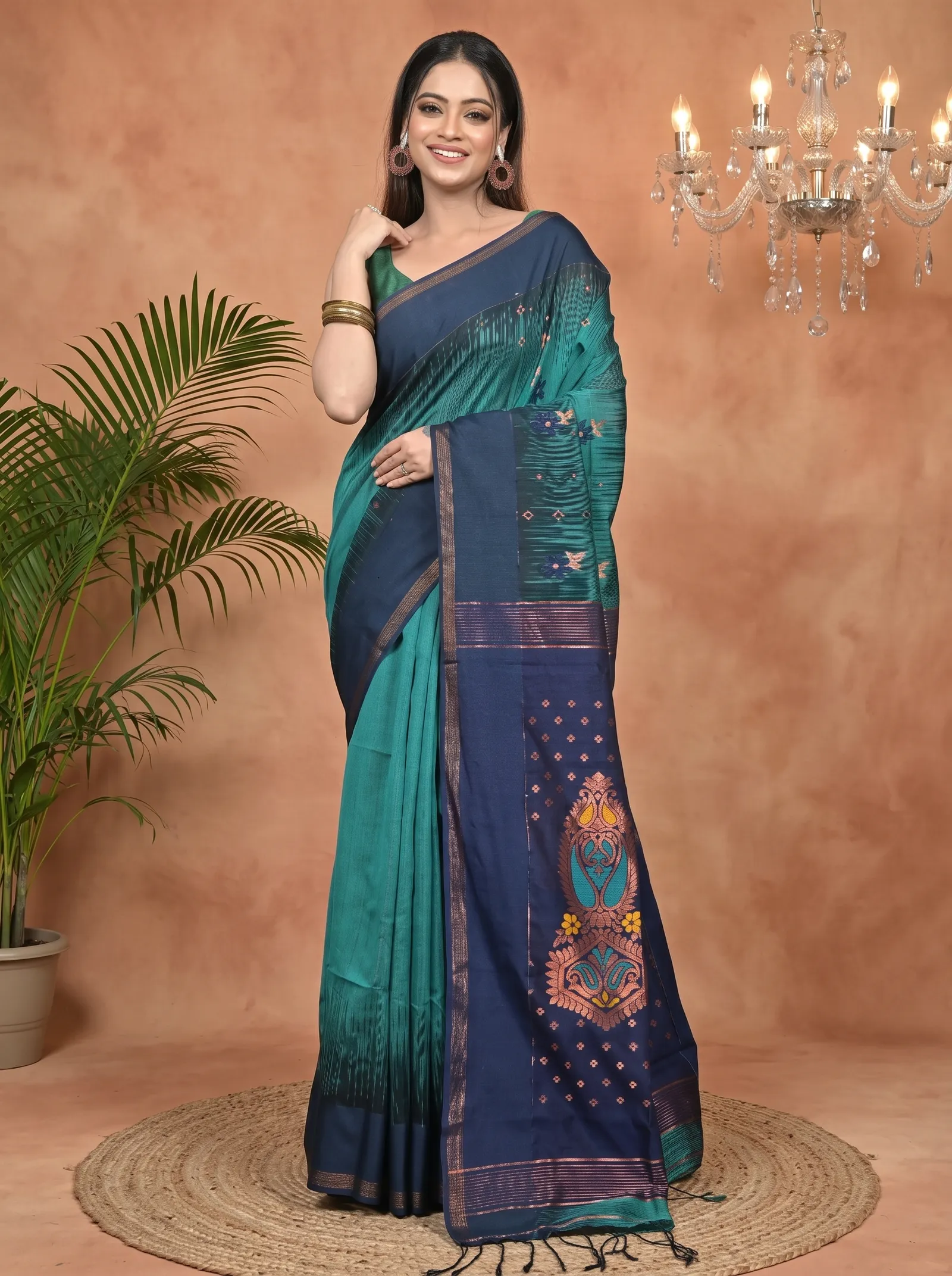 DipDiya Cotton Blend Green Naby Blue Parlkim Regal Bengali Ikkat Jharna Sarees