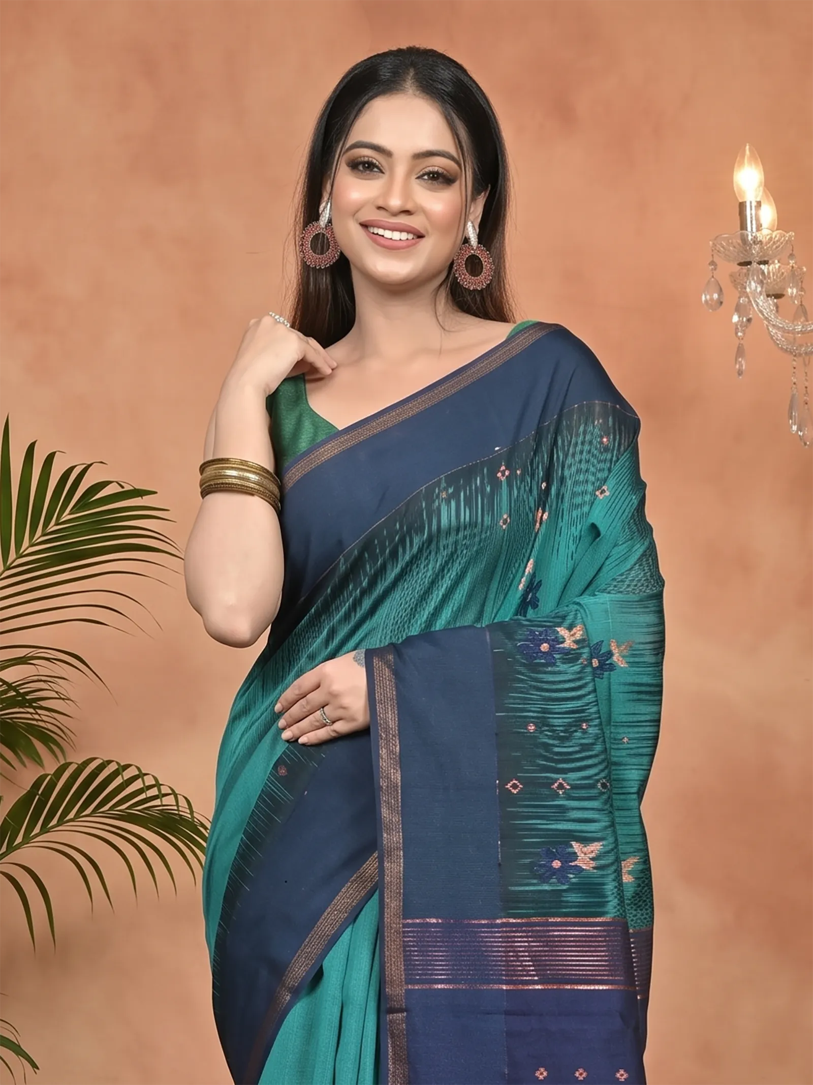 DipDiya Cotton Blend Green Naby Blue Parlkim Regal Bengali Ikkat Jharna Sarees