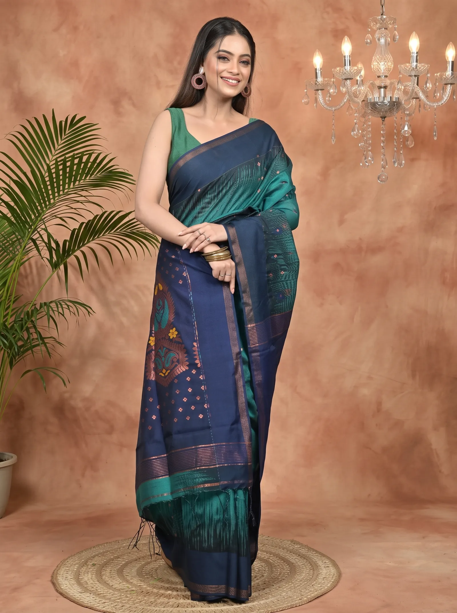 DipDiya Cotton Blend Green Naby Blue Parlkim Regal Bengali Ikkat Jharna Sarees