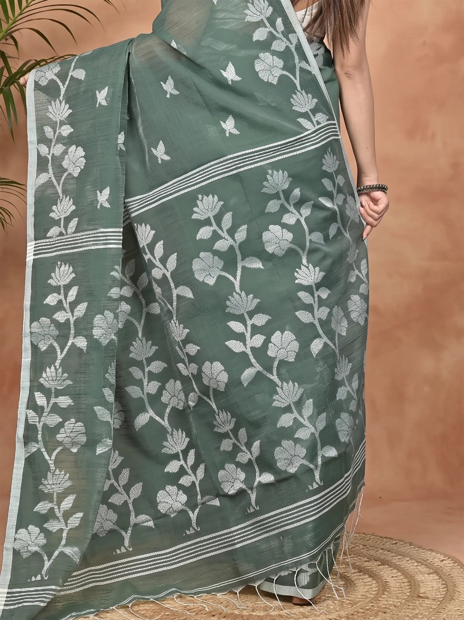 DipDiya Cotton Blend Green Parlon Timeless Bengal Handloom Sarees