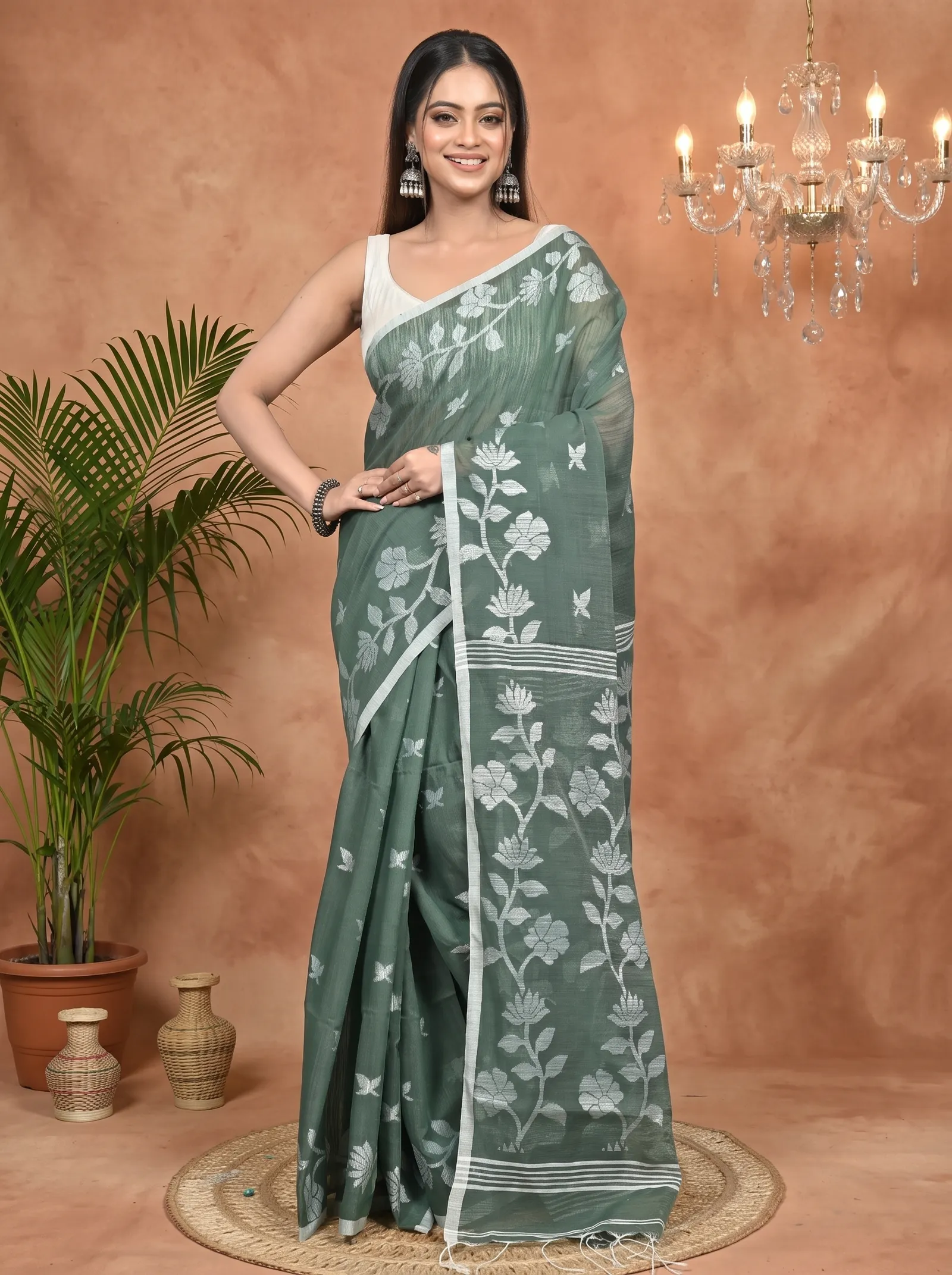 DipDiya Cotton Blend Green Parlon Timeless Bengal Handloom Sarees