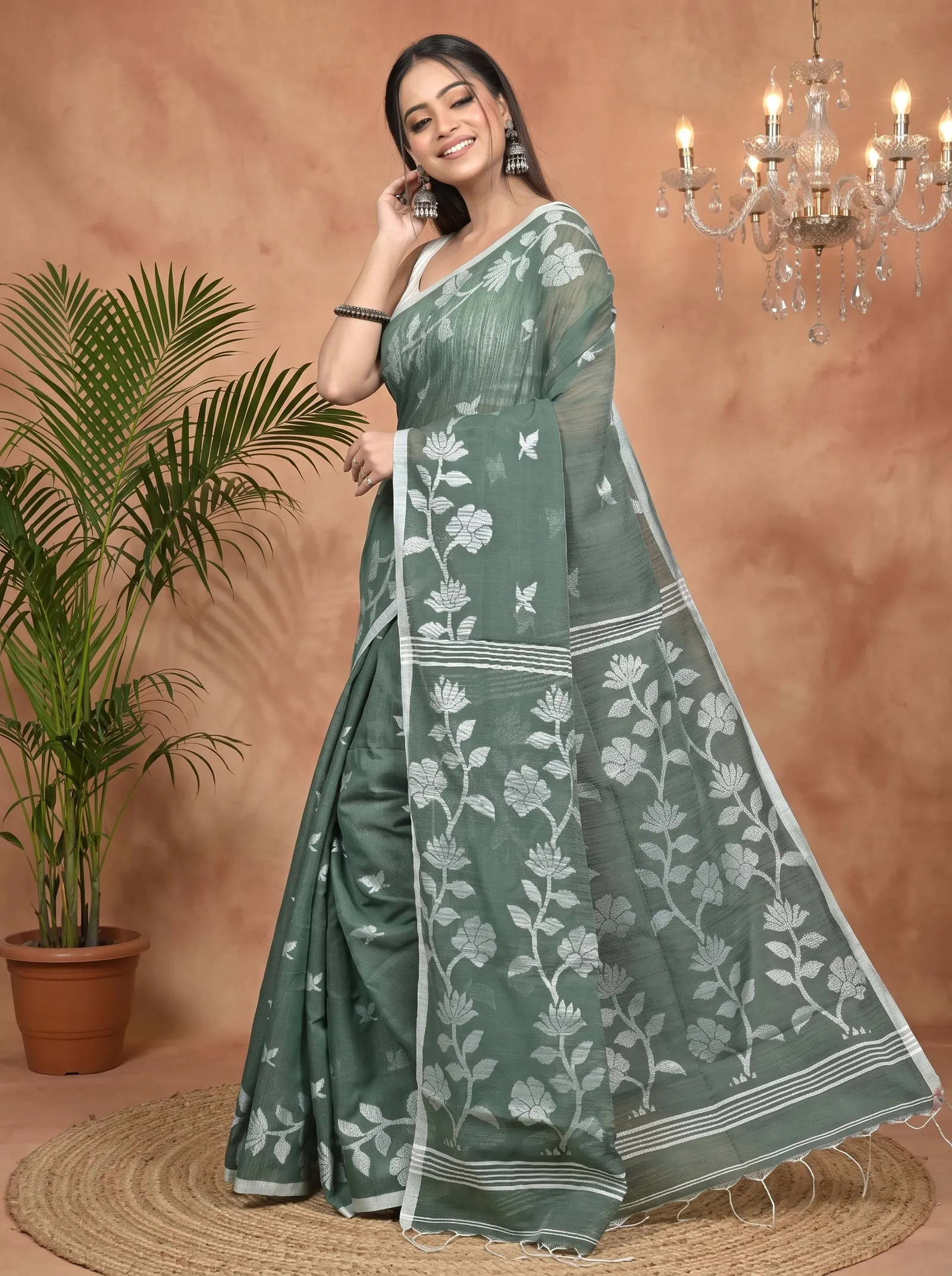 DipDiya Cotton Blend Green Parlon Timeless Bengal Handloom Sarees