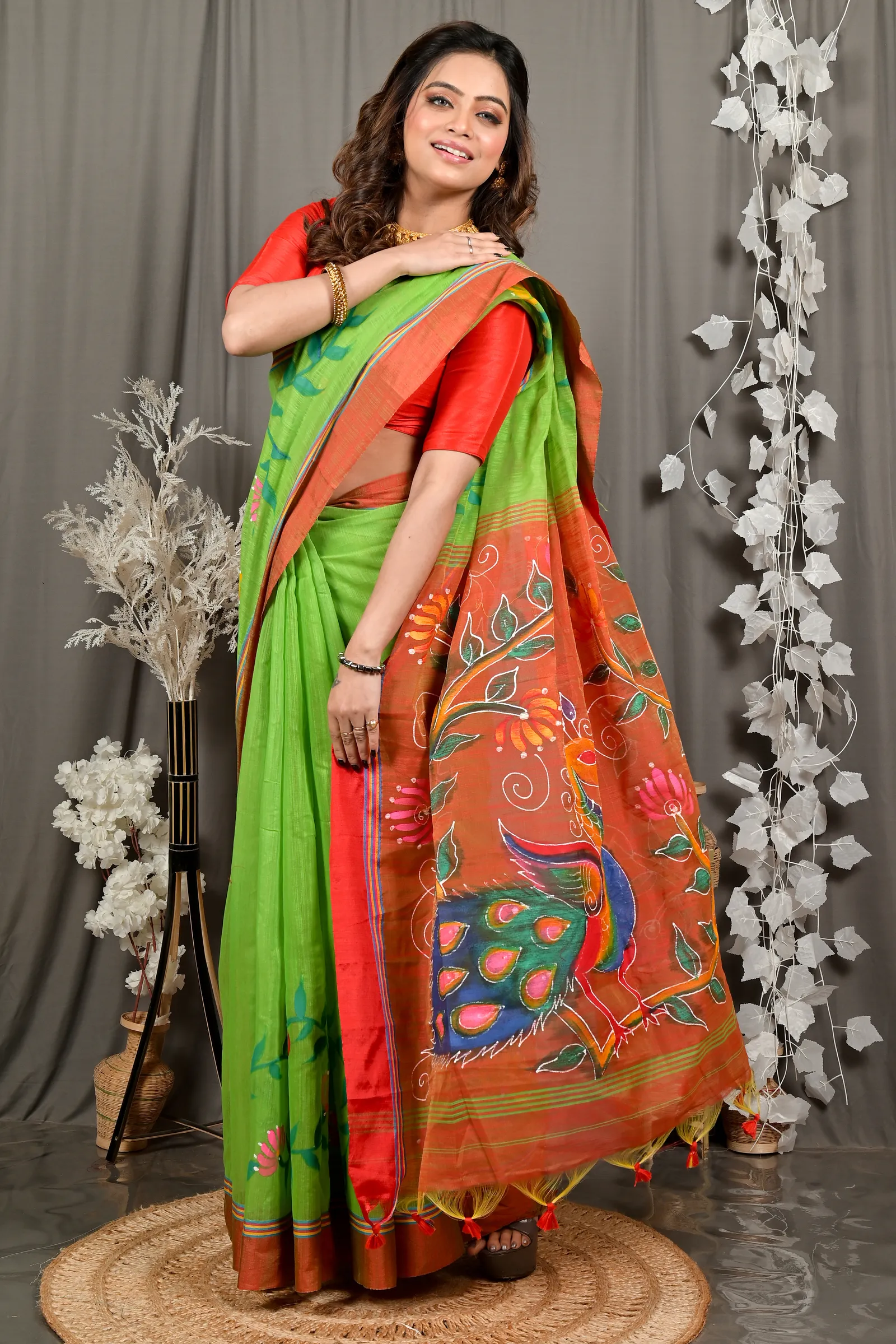 DipDiya Cotton Blend Green Red Deepsi Essence of Bengal Hand Painted Sarees