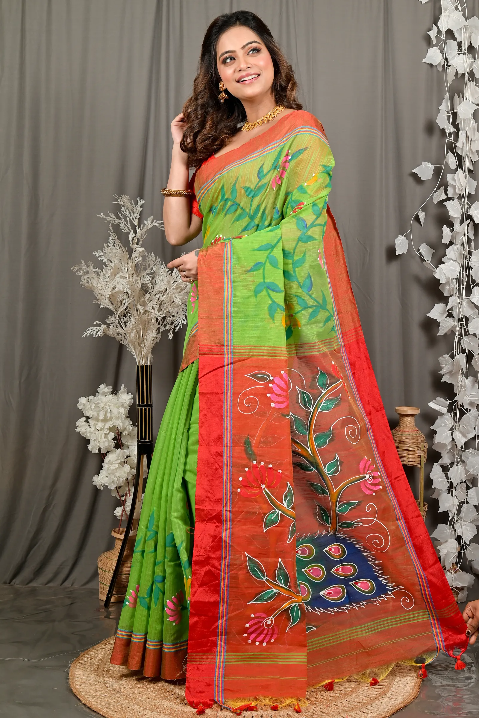 DipDiya Cotton Blend Green Red Deepsi Essence of Bengal Hand Painted Sarees