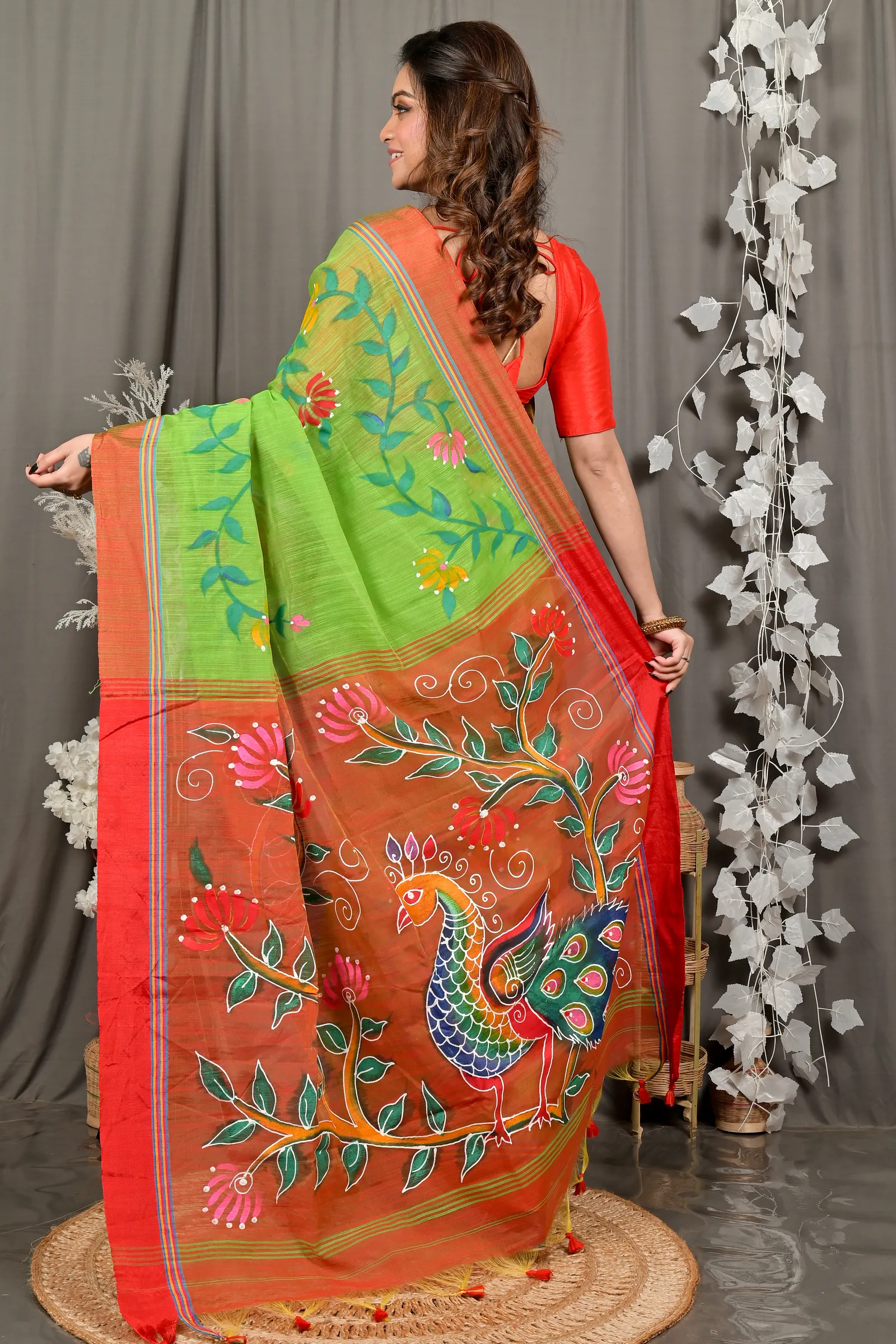 DipDiya Cotton Blend Green Red Deepsi Essence of Bengal Hand Painted Sarees