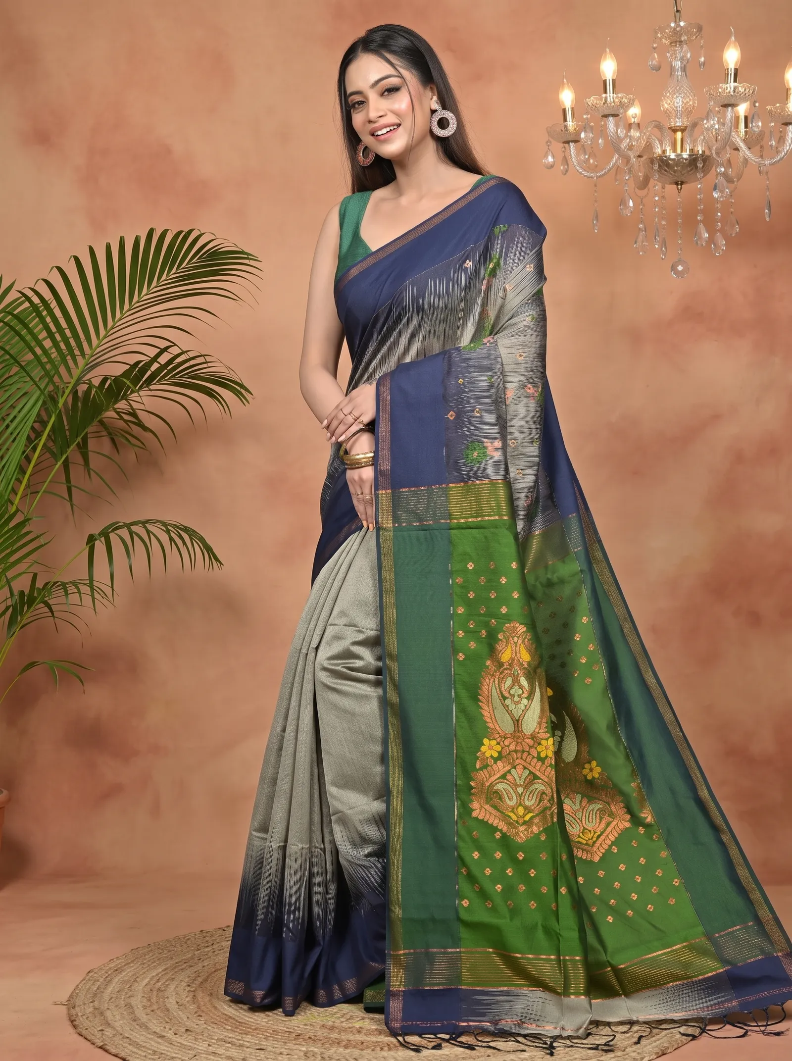 DipDiya Cotton Blend Grey Green Parlkim Pure Bengali Grace Ikkat Jharna Sarees