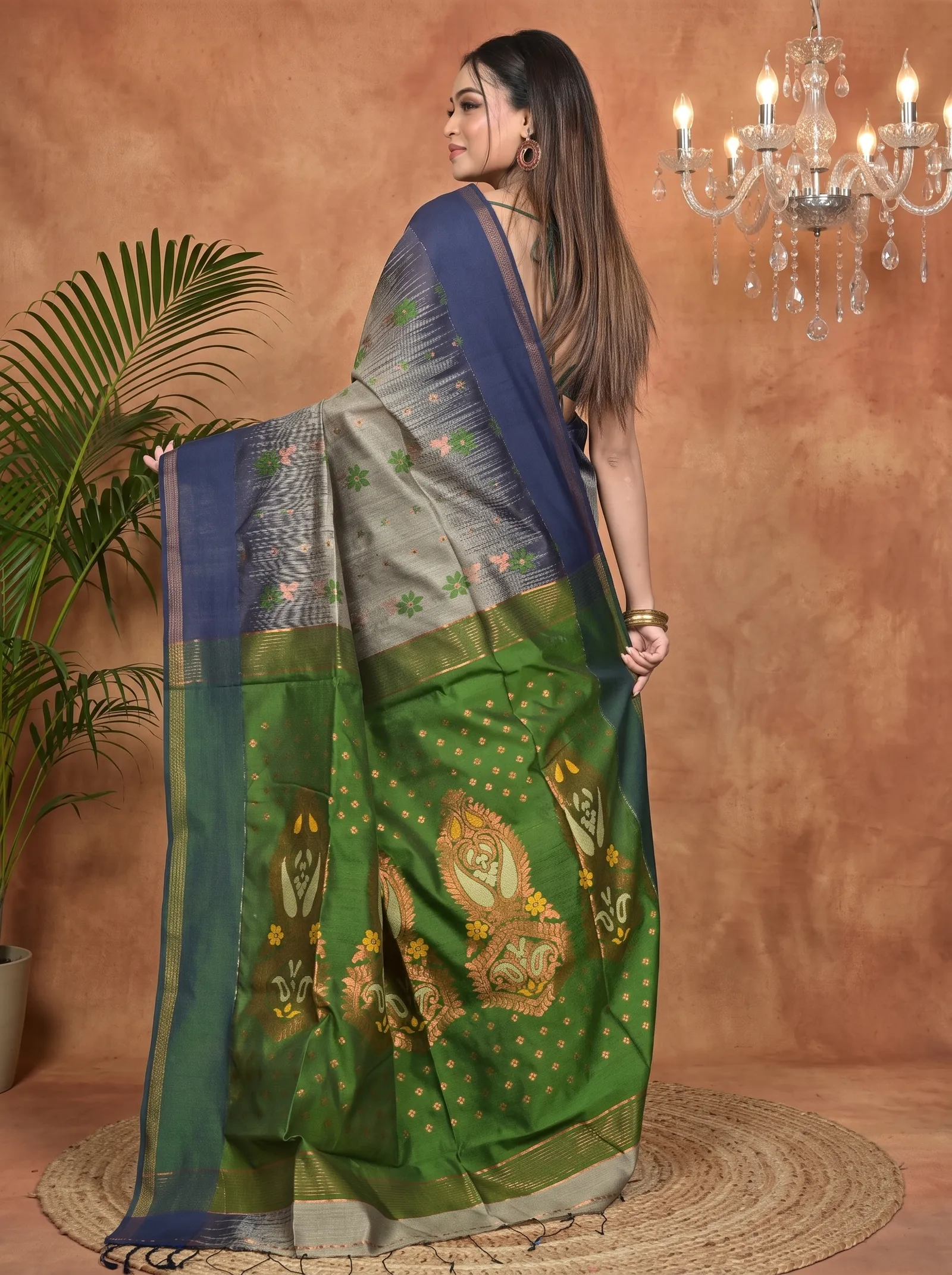 DipDiya Cotton Blend Grey Green Parlkim Pure Bengali Grace Ikkat Jharna Sarees
