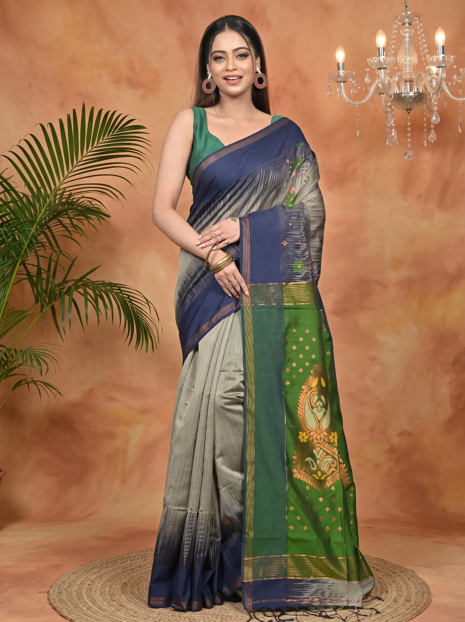 DipDiya Cotton Blend Grey Green Parlkim Pure Bengali Grace Ikkat Jharna Sarees