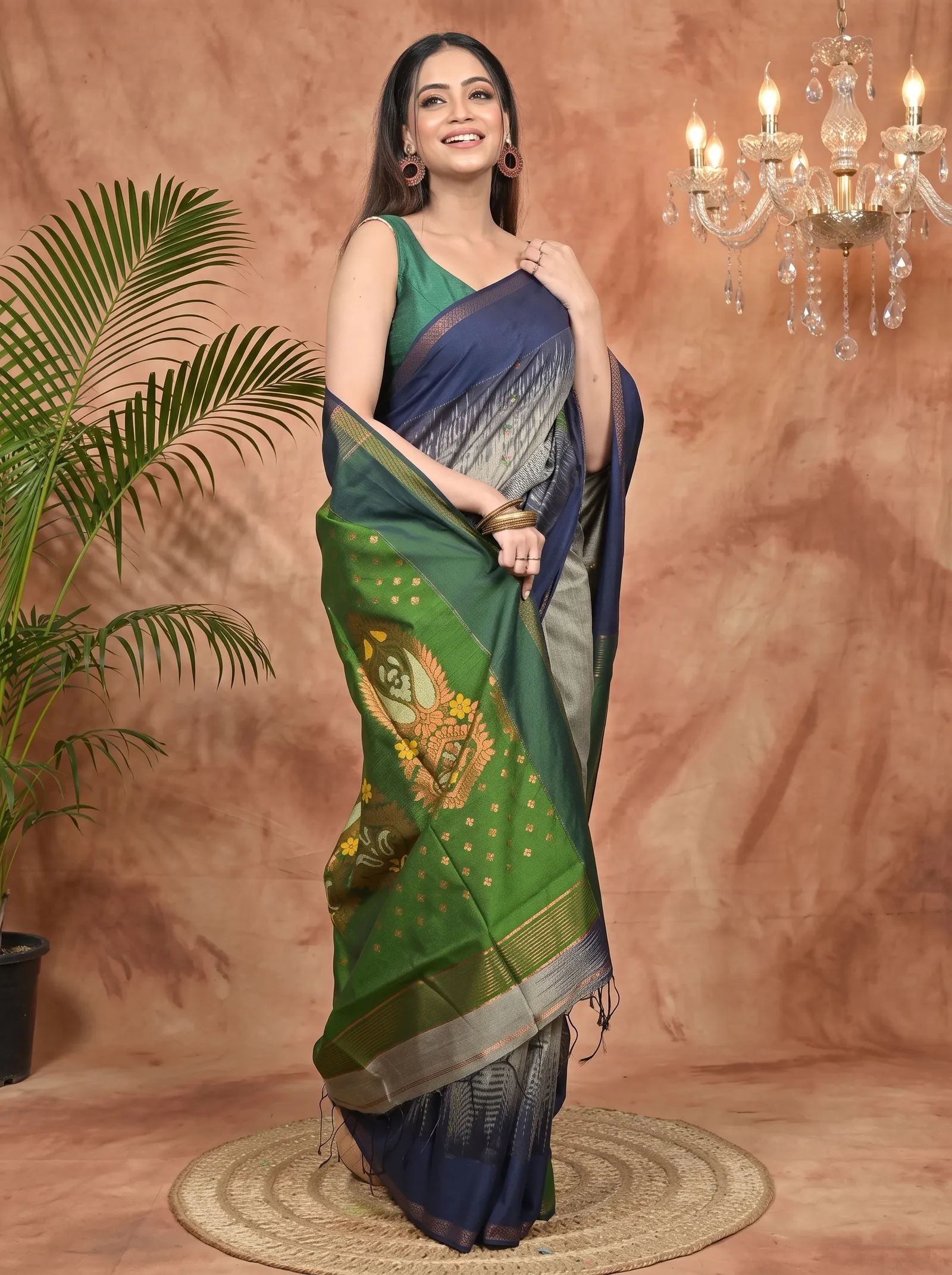 DipDiya Cotton Blend Grey Green Parlkim Pure Bengali Grace Ikkat Jharna Sarees