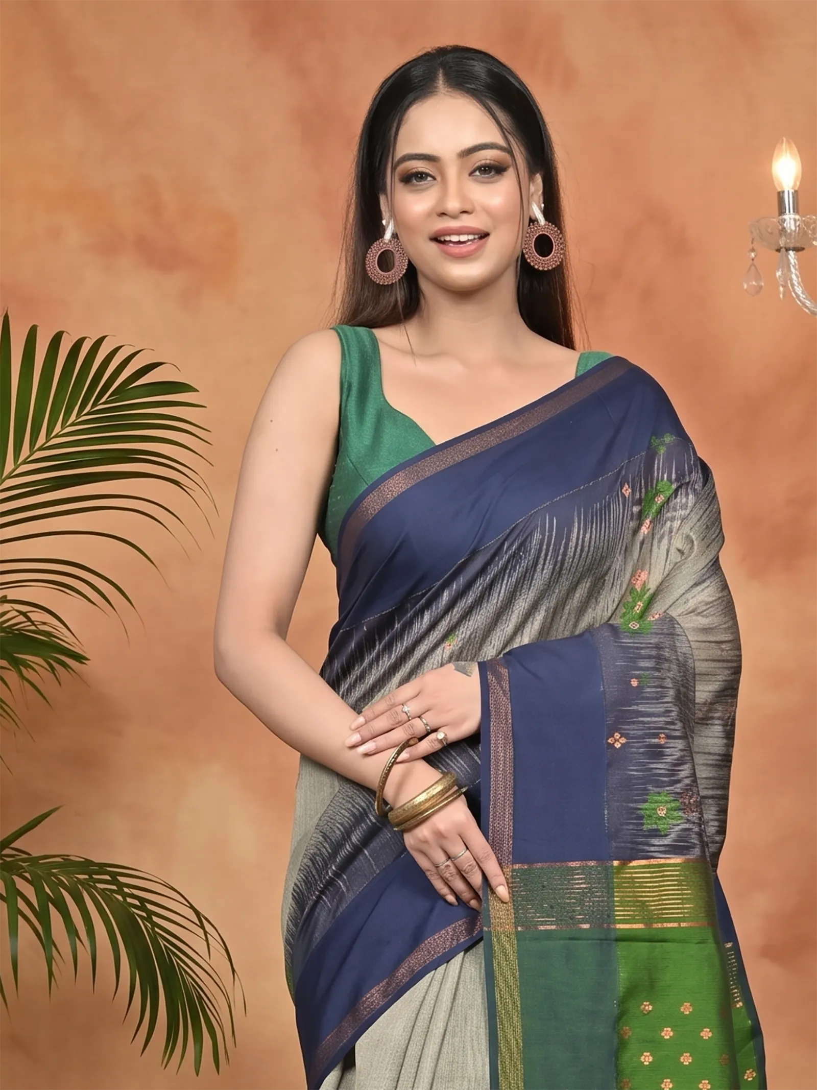 DipDiya Cotton Blend Grey Green Parlkim Pure Bengali Grace Ikkat Jharna Sarees