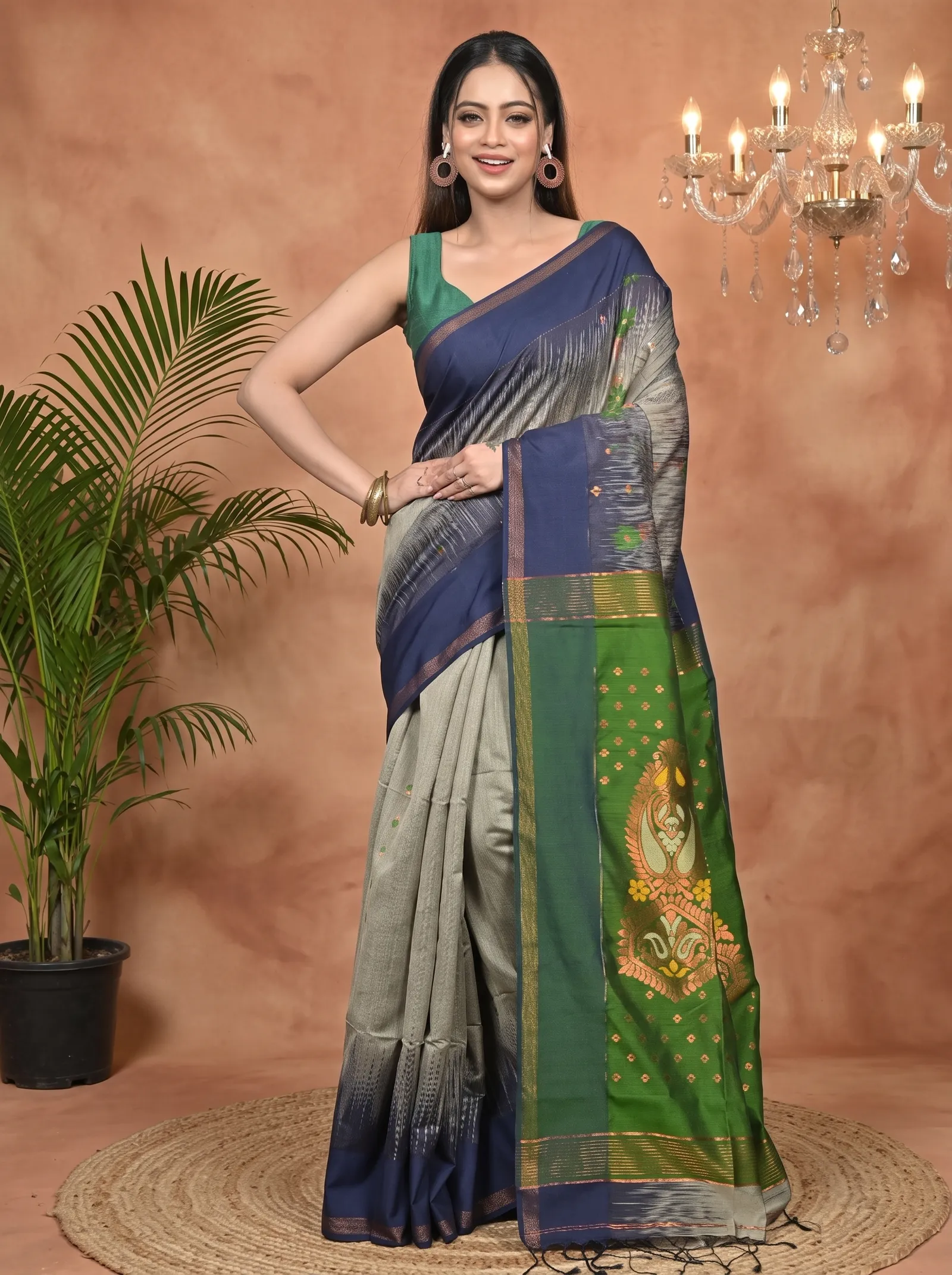 DipDiya Cotton Blend Grey Green Parlkim Pure Bengali Grace Ikkat Jharna Sarees