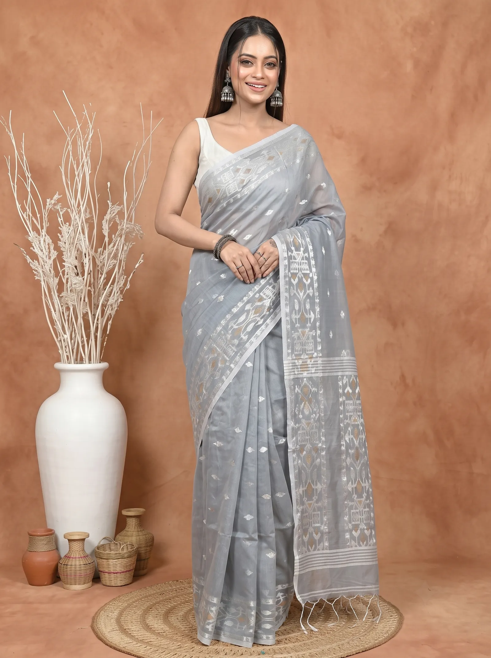 DipDiya Cotton Blend Grey Parlvi Weaves with a Story Handloom Sarees