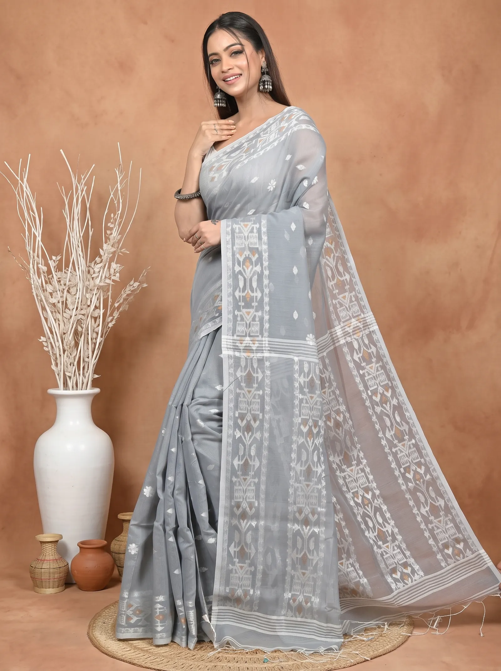 DipDiya Cotton Blend Grey Parlvi Weaves with a Story Handloom Sarees