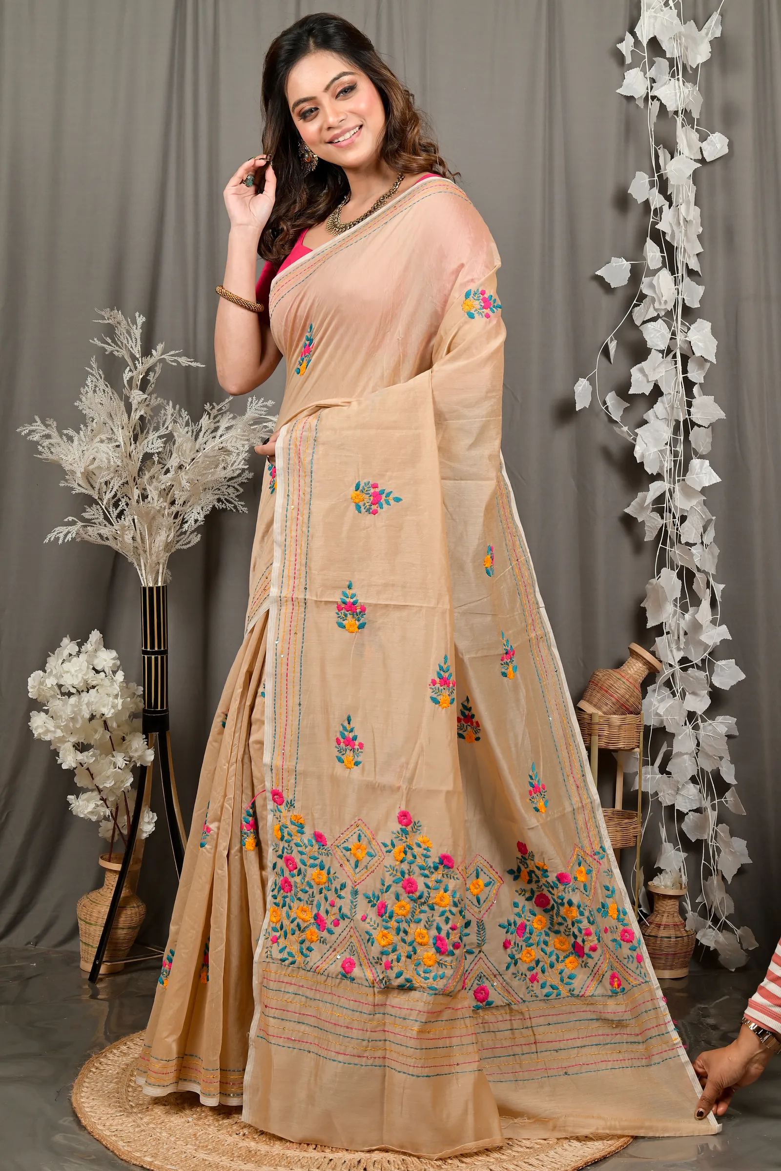 DipDiya Cotton Blend Light Brown Dayki Bengal’s Legacy Kantha Stitch Sarees
