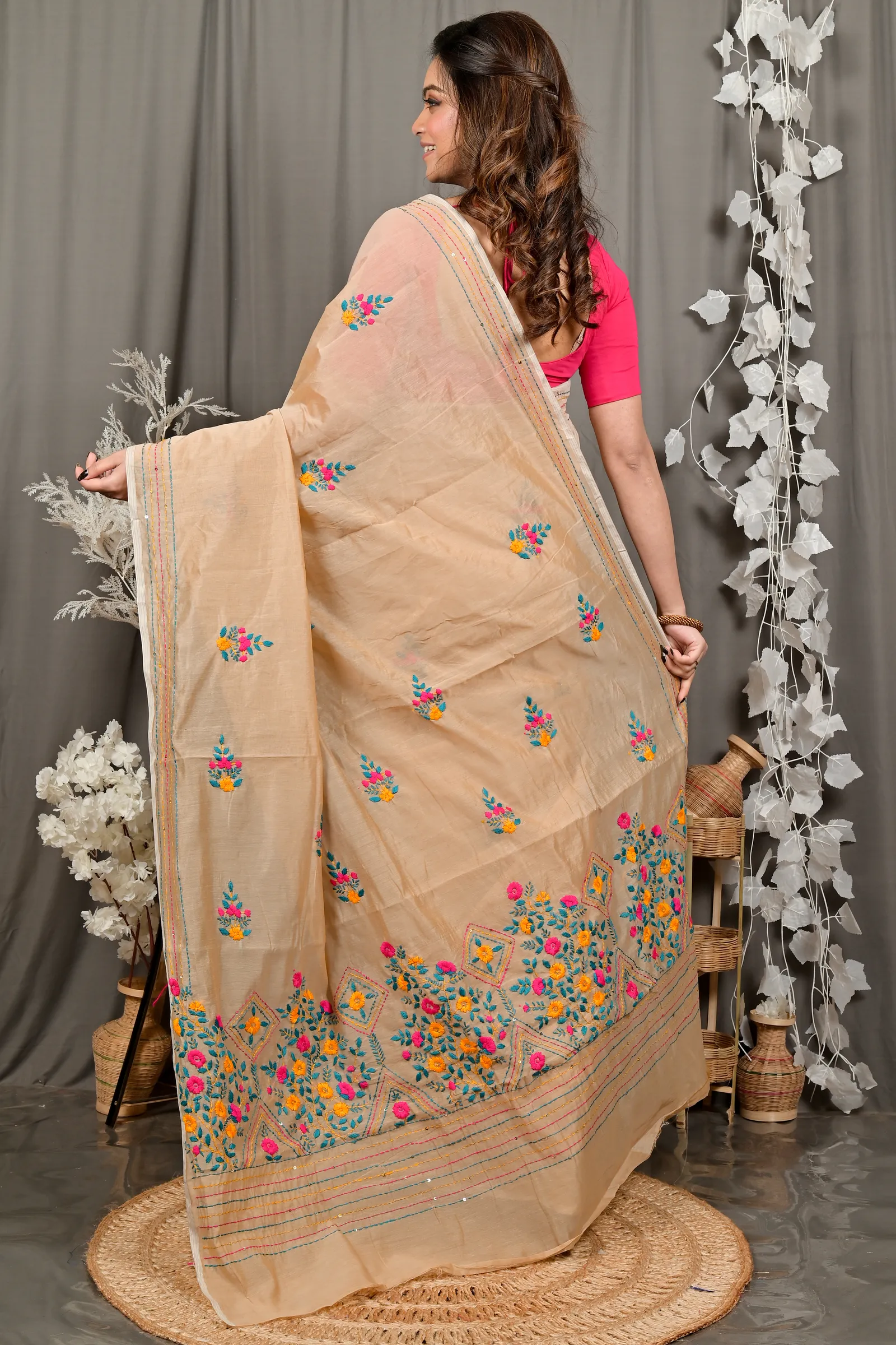 DipDiya Cotton Blend Light Brown Dayki Bengal’s Legacy Kantha Stitch Sarees