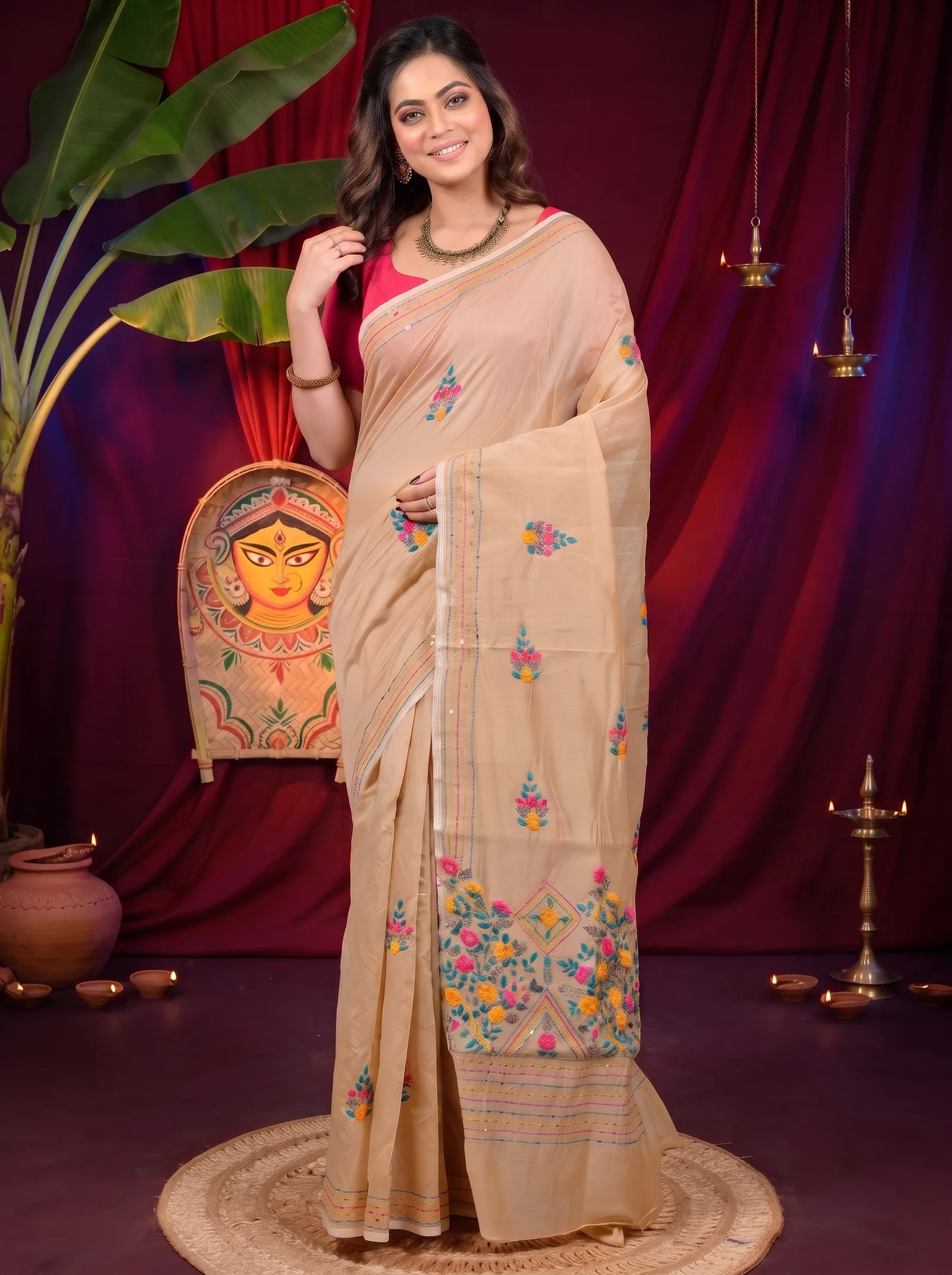 DipDiya Cotton Blend Light Brown Dayki Bengal’s Legacy Kantha Stitch Sarees