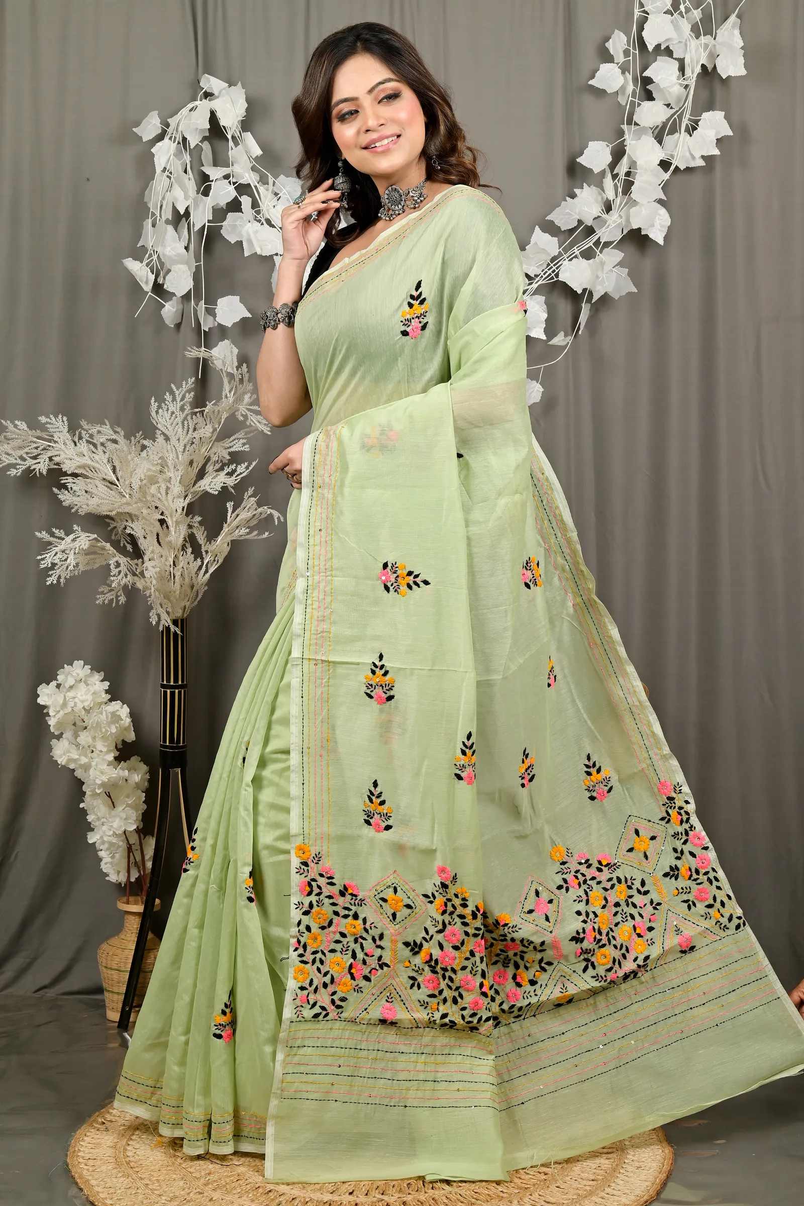 DipDiya Cotton Blend Lime Green Dayki Artisan Woven Kantha Stitch Sarees