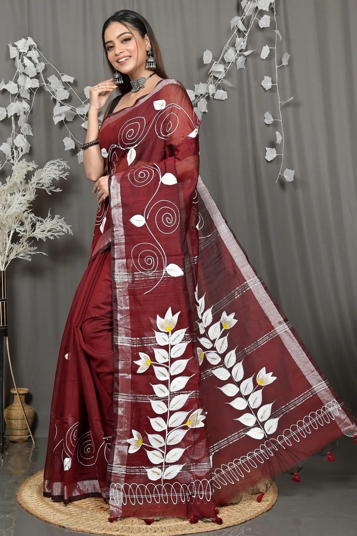 DipDiya Cotton Blend Merron Souvar Heritage of Bengali Hand Painted Sarees