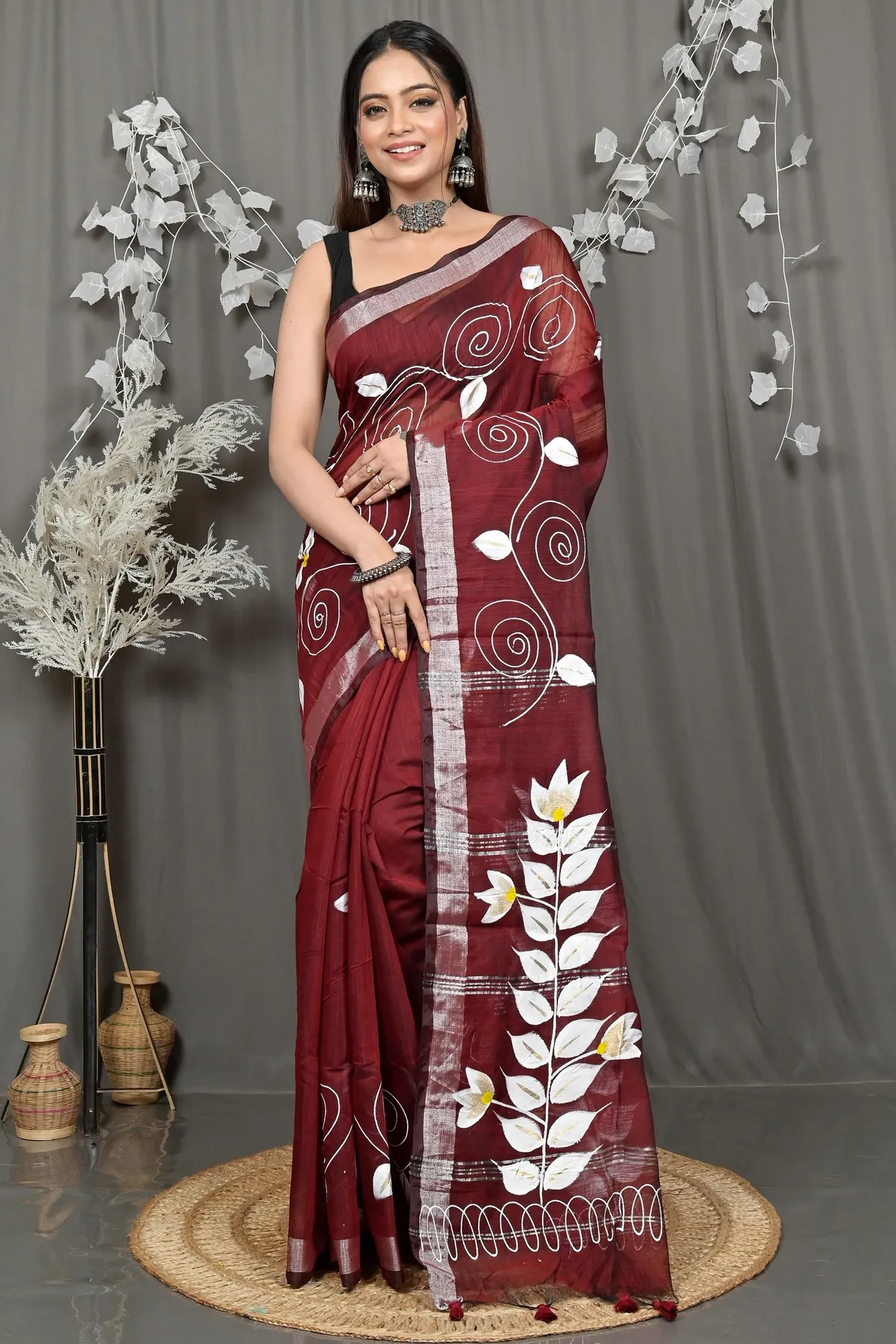 DipDiya Cotton Blend Merron Souvar Heritage of Bengali Hand Painted Sarees