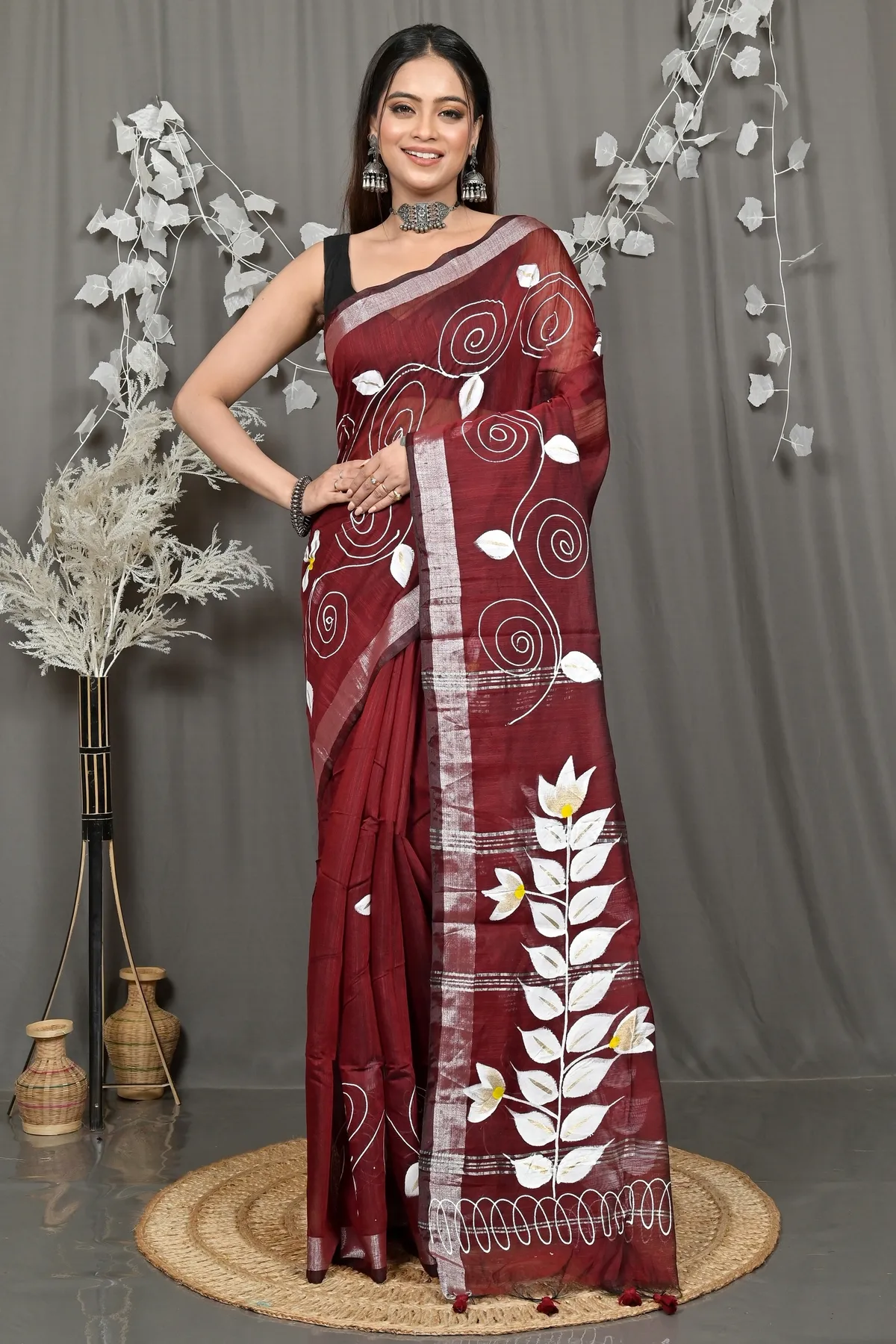 DipDiya Cotton Blend Merron Souvar Heritage of Bengali Hand Painted Sarees