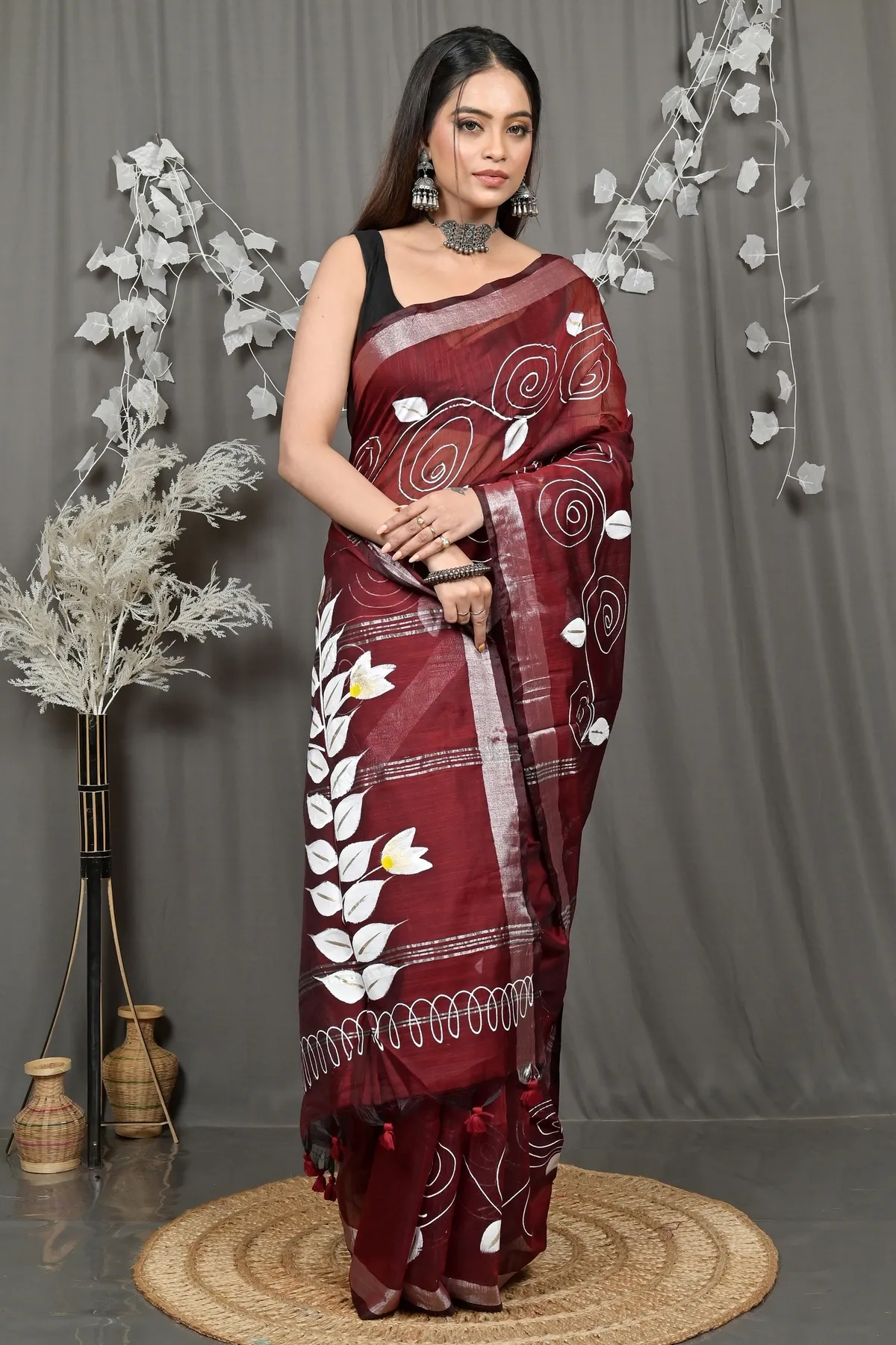 DipDiya Cotton Blend Merron Souvar Heritage of Bengali Hand Painted Sarees