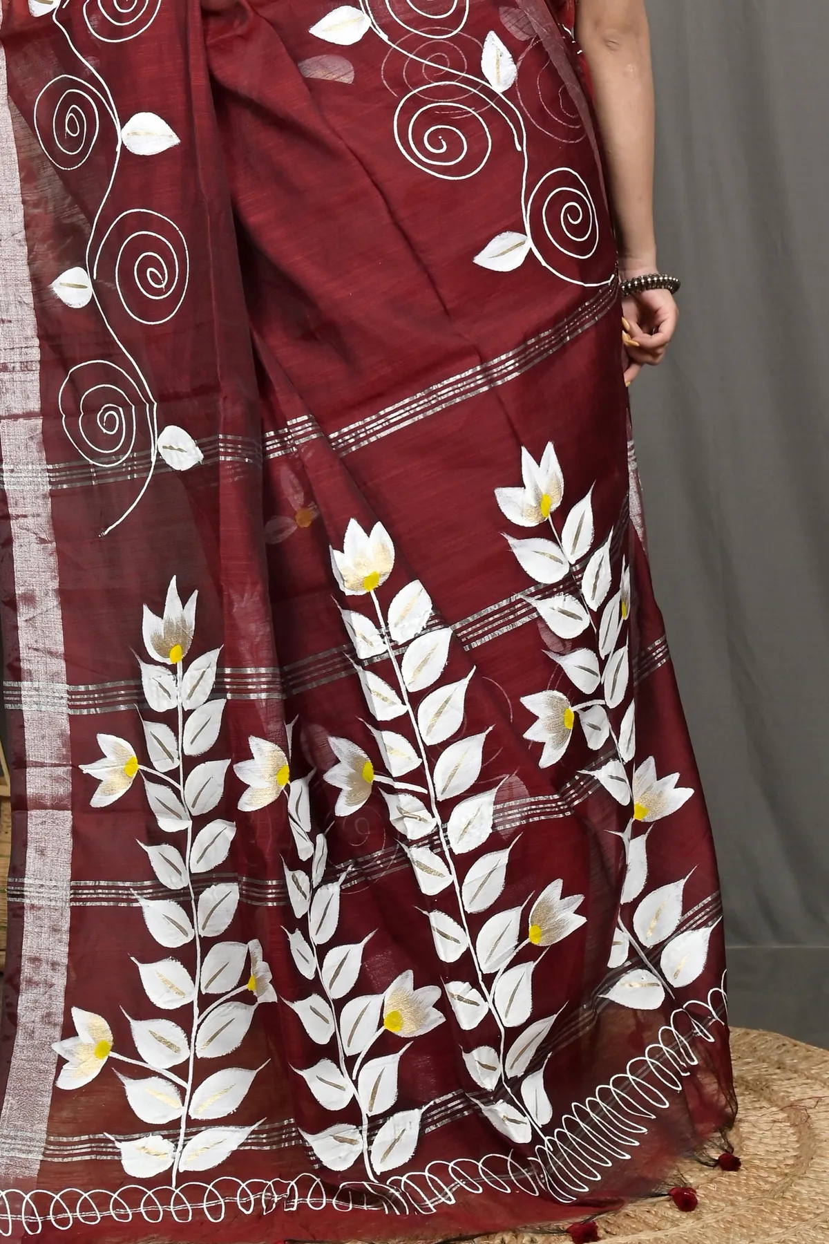 DipDiya Cotton Blend Merron Souvar Heritage of Bengali Hand Painted Sarees