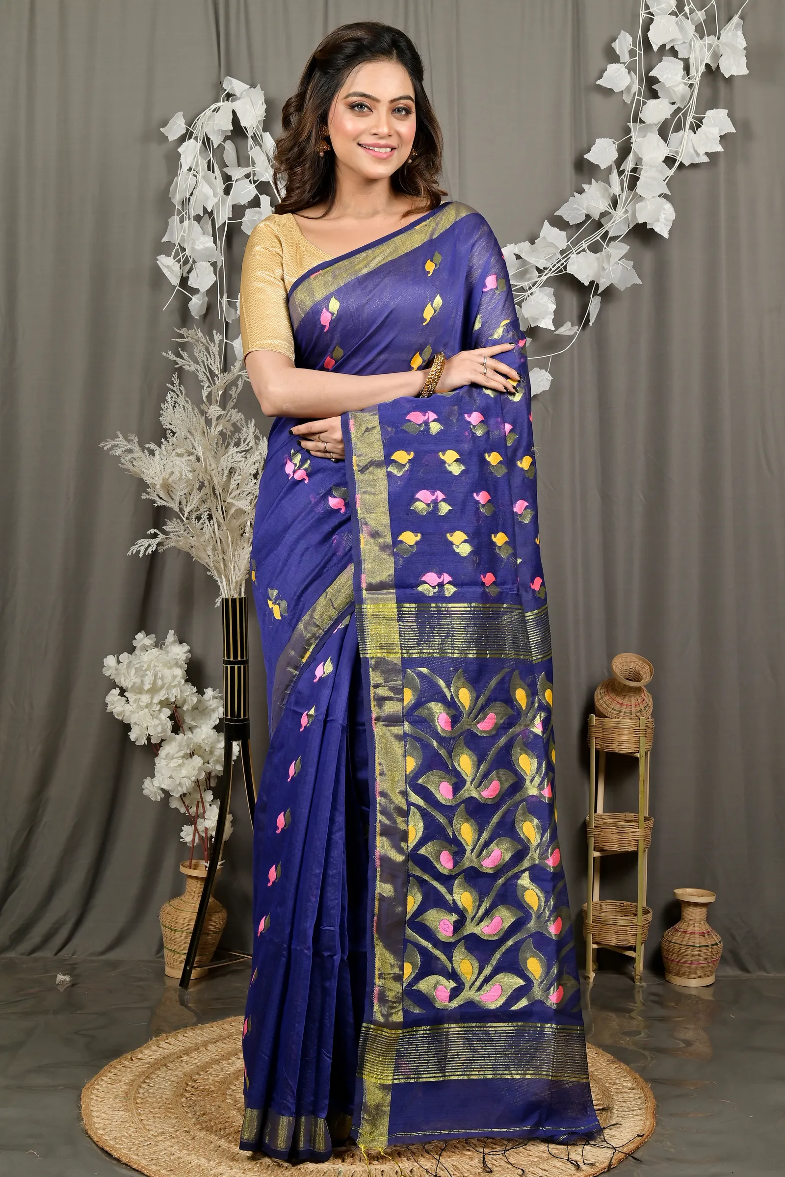 DipDiya Cotton Blend Naby Blue Dhrum Bengali Heritage Handloom Sarees