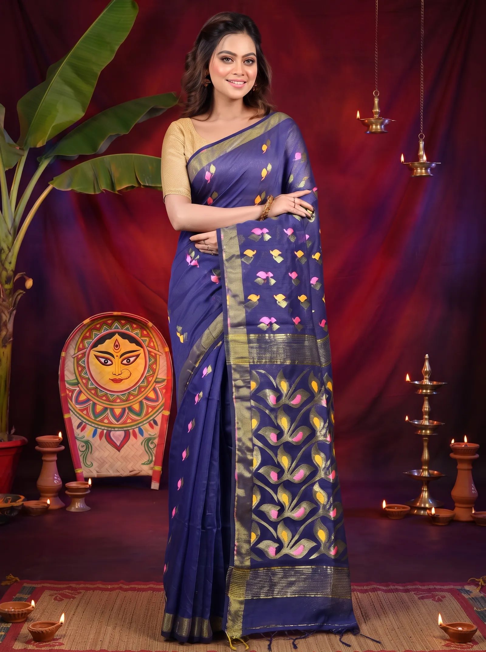 DipDiya Cotton Blend Naby Blue Dhrum Bengali Heritage Handloom Sarees