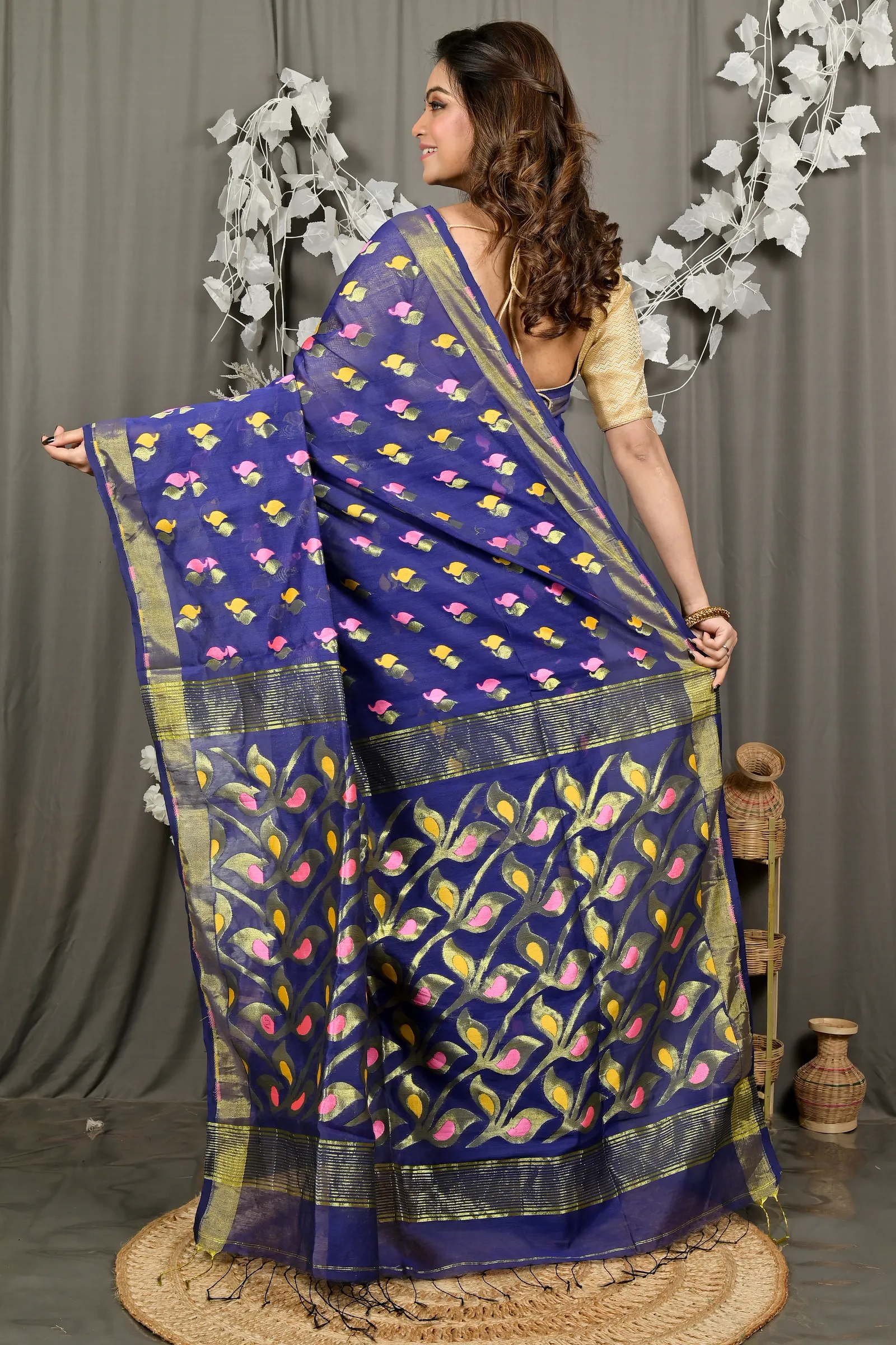 DipDiya Cotton Blend Naby Blue Dhrum Bengali Heritage Handloom Sarees
