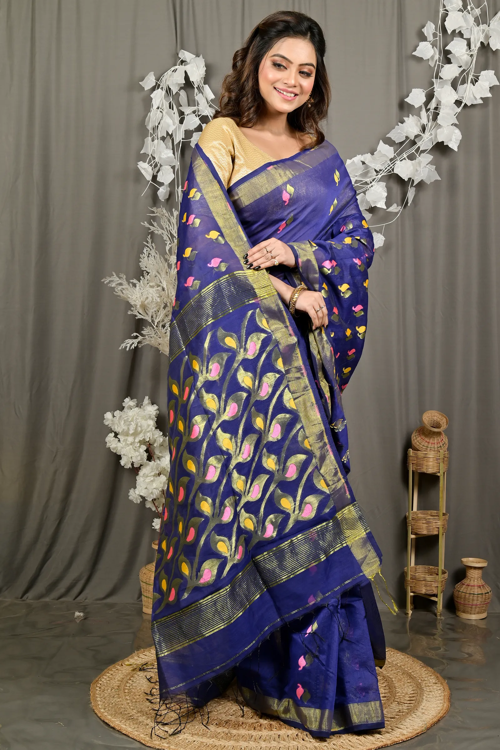 DipDiya Cotton Blend Naby Blue Dhrum Bengali Heritage Handloom Sarees