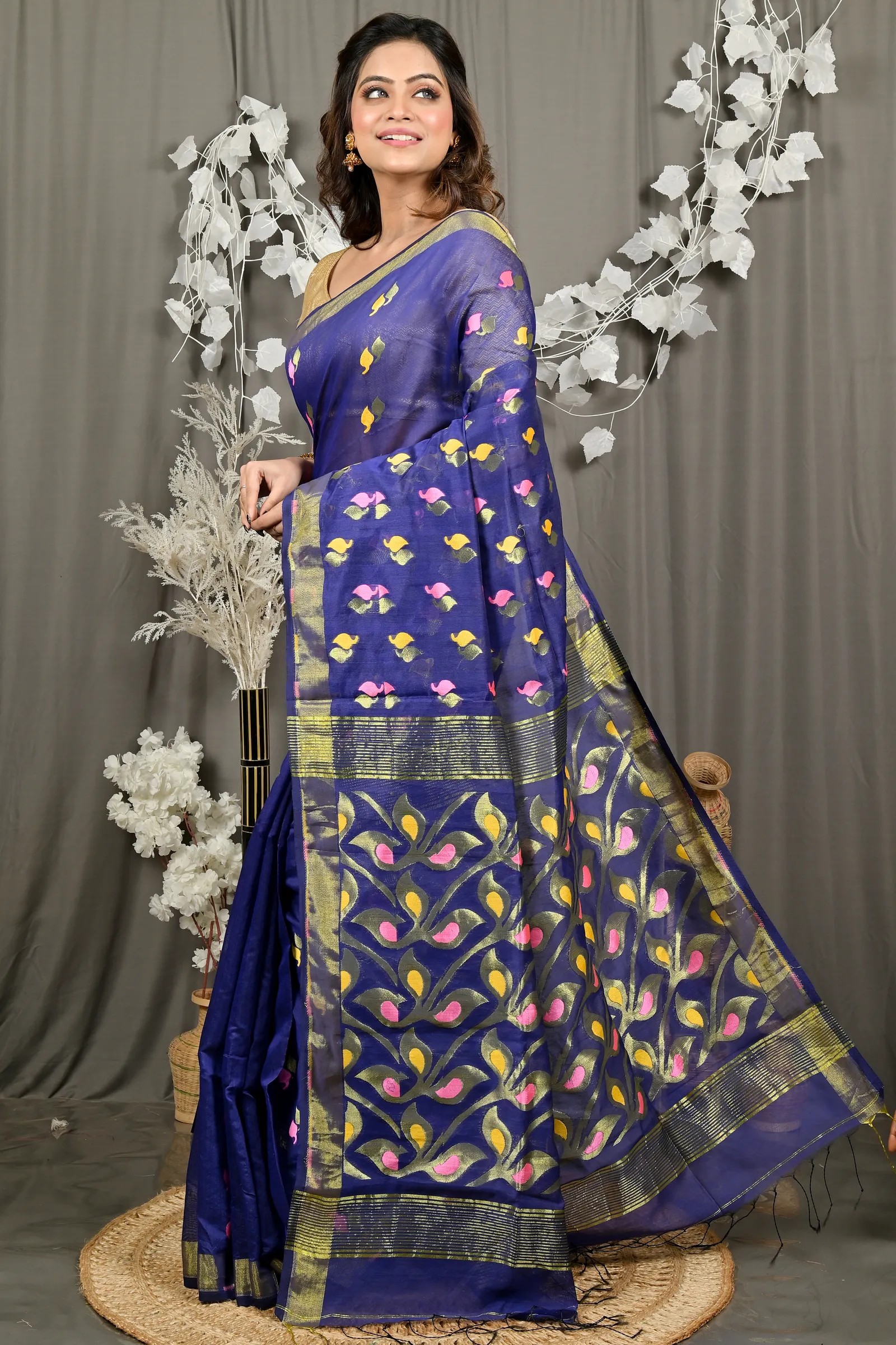 DipDiya Cotton Blend Naby Blue Dhrum Bengali Heritage Handloom Sarees