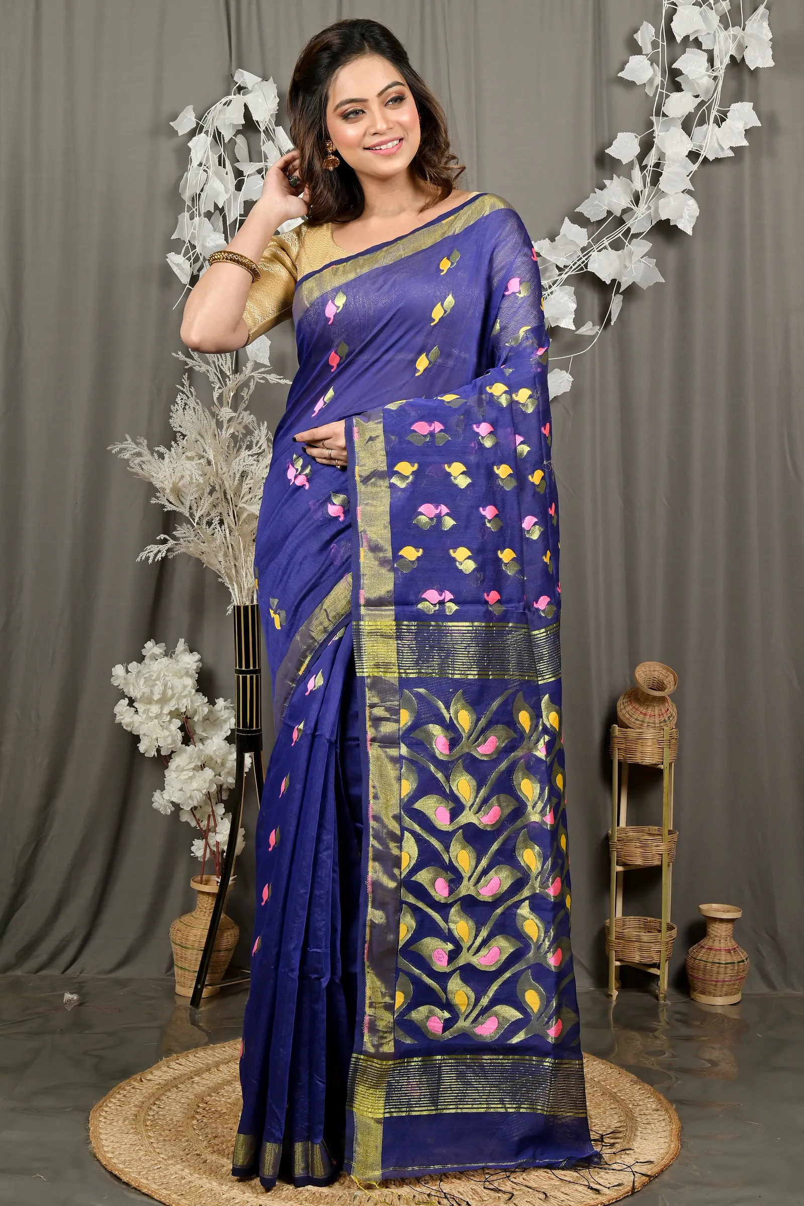 DipDiya Cotton Blend Naby Blue Dhrum Bengali Heritage Handloom Sarees