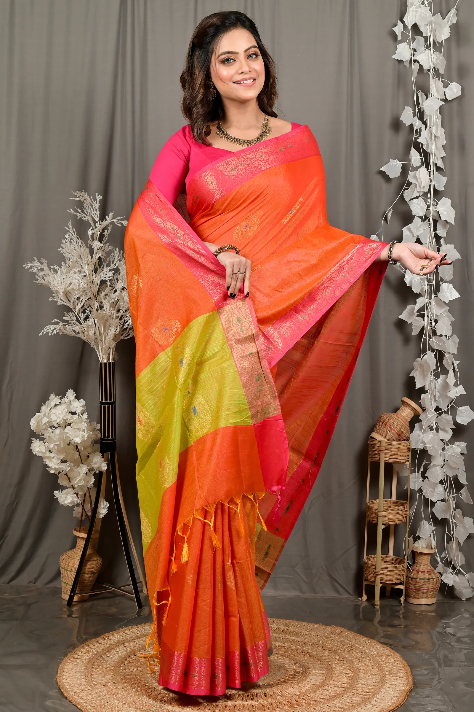 DipDiya Cotton Blend Orange Green Daymin Wrapped in Heritage Handloom Sarees