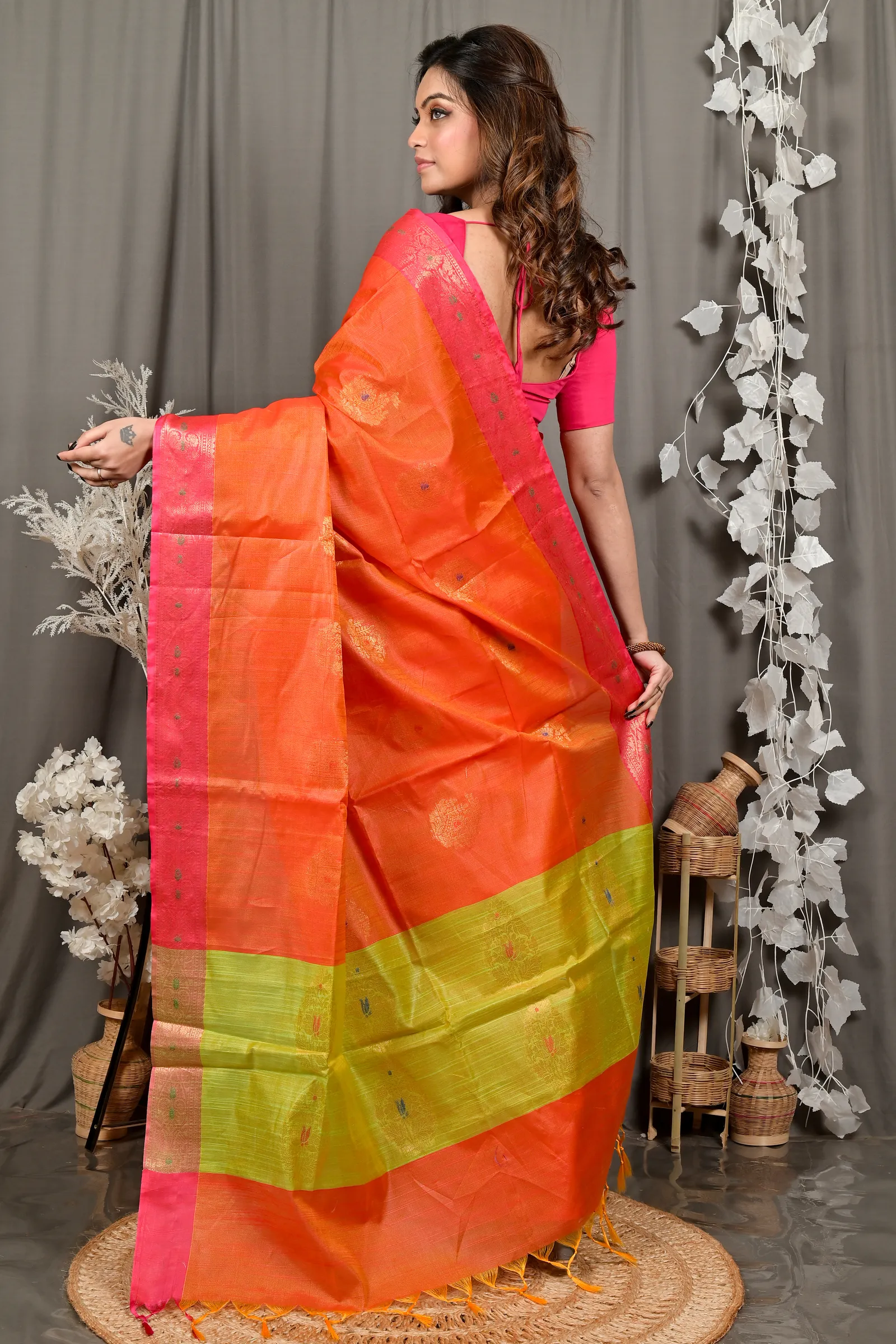 DipDiya Cotton Blend Orange Green Daymin Wrapped in Heritage Handloom Sarees