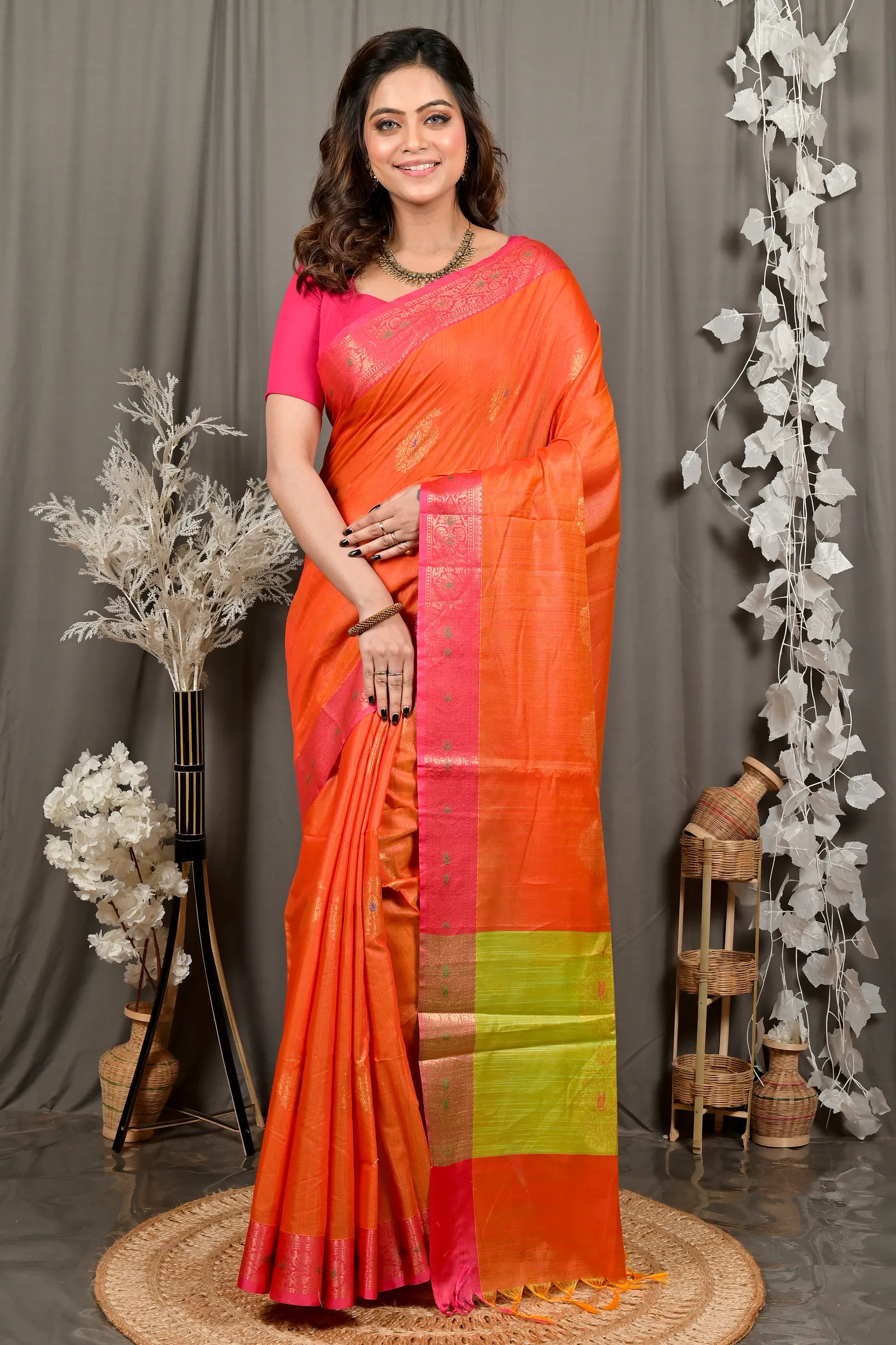 DipDiya Cotton Blend Orange Green Daymin Wrapped in Heritage Handloom Sarees