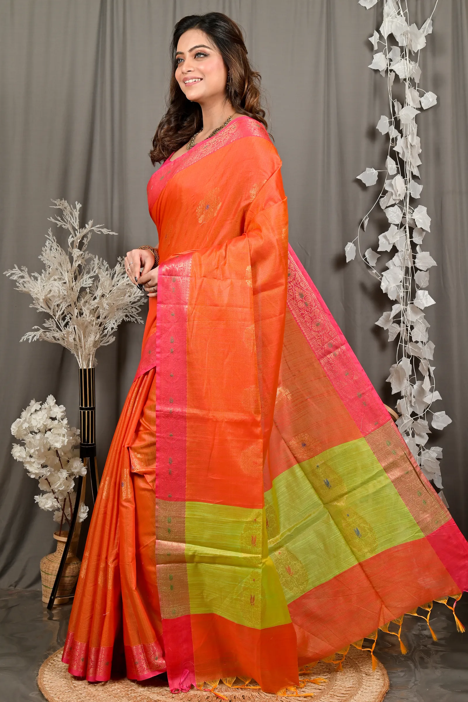 DipDiya Cotton Blend Orange Green Daymin Wrapped in Heritage Handloom Sarees