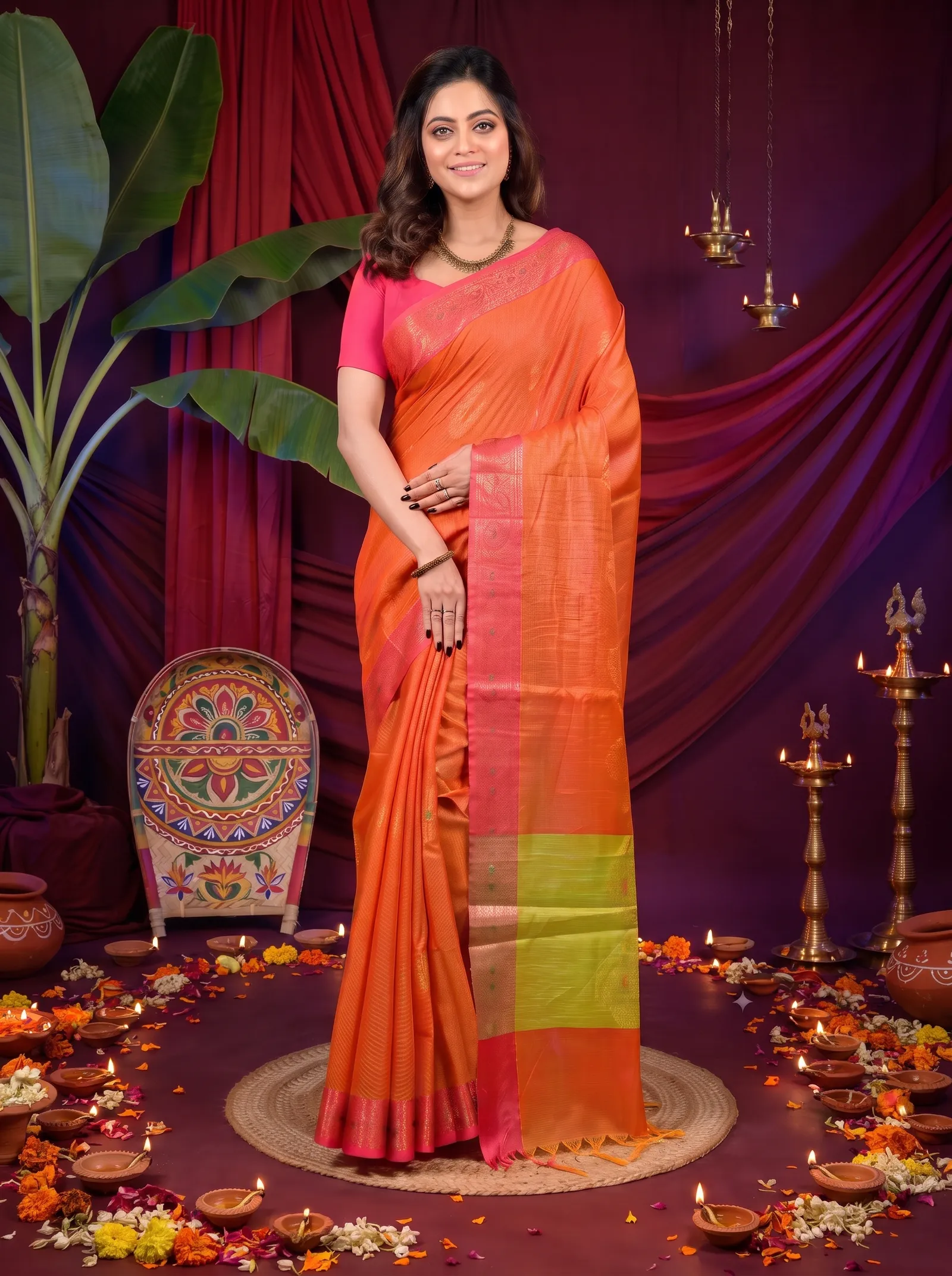 DipDiya Cotton Blend Orange Green Daymin Wrapped in Heritage Handloom Sarees