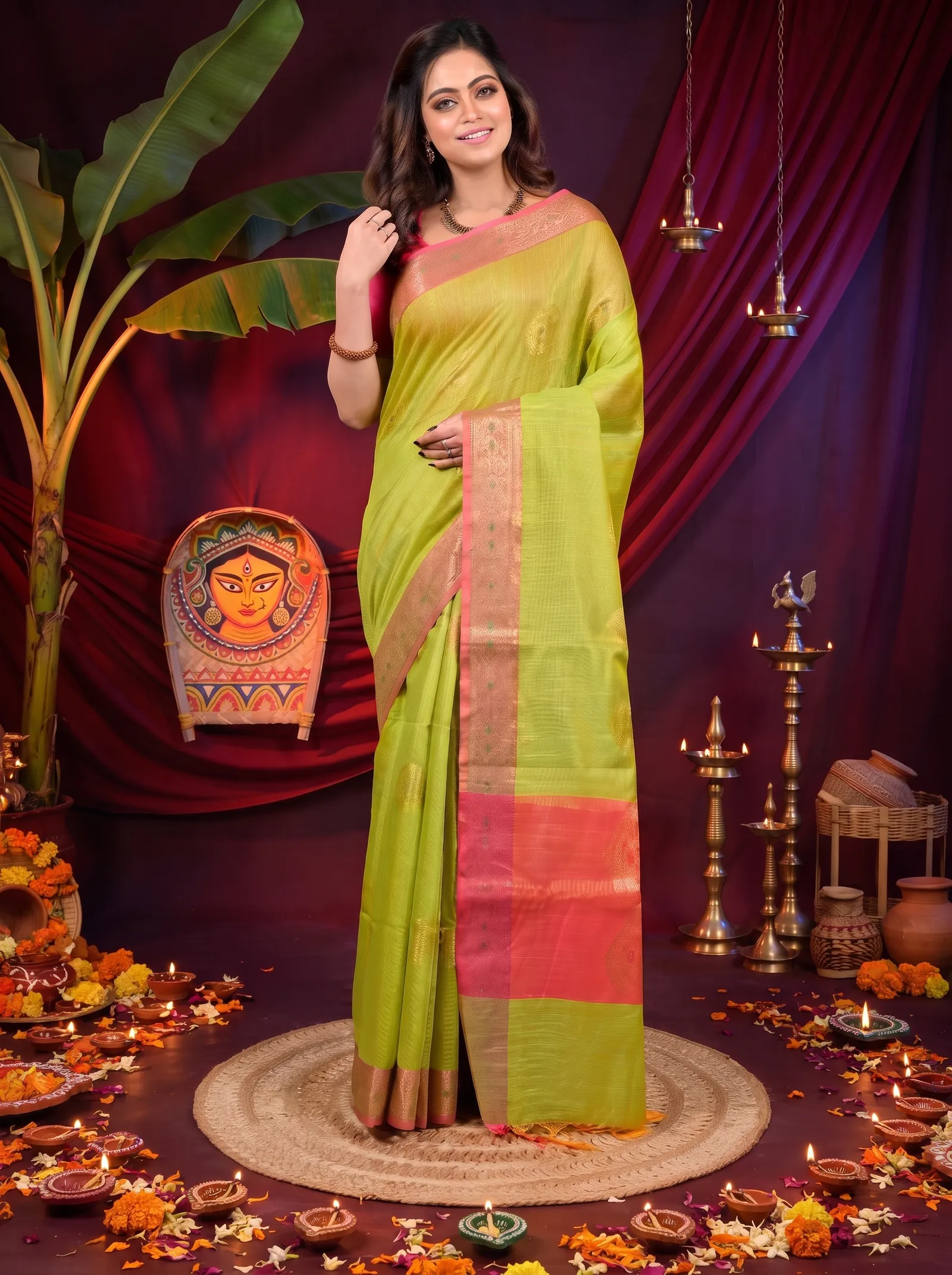 DipDiya Cotton Blend Pesta Green Pink Daymin Traditional Bengali Handloom Sarees