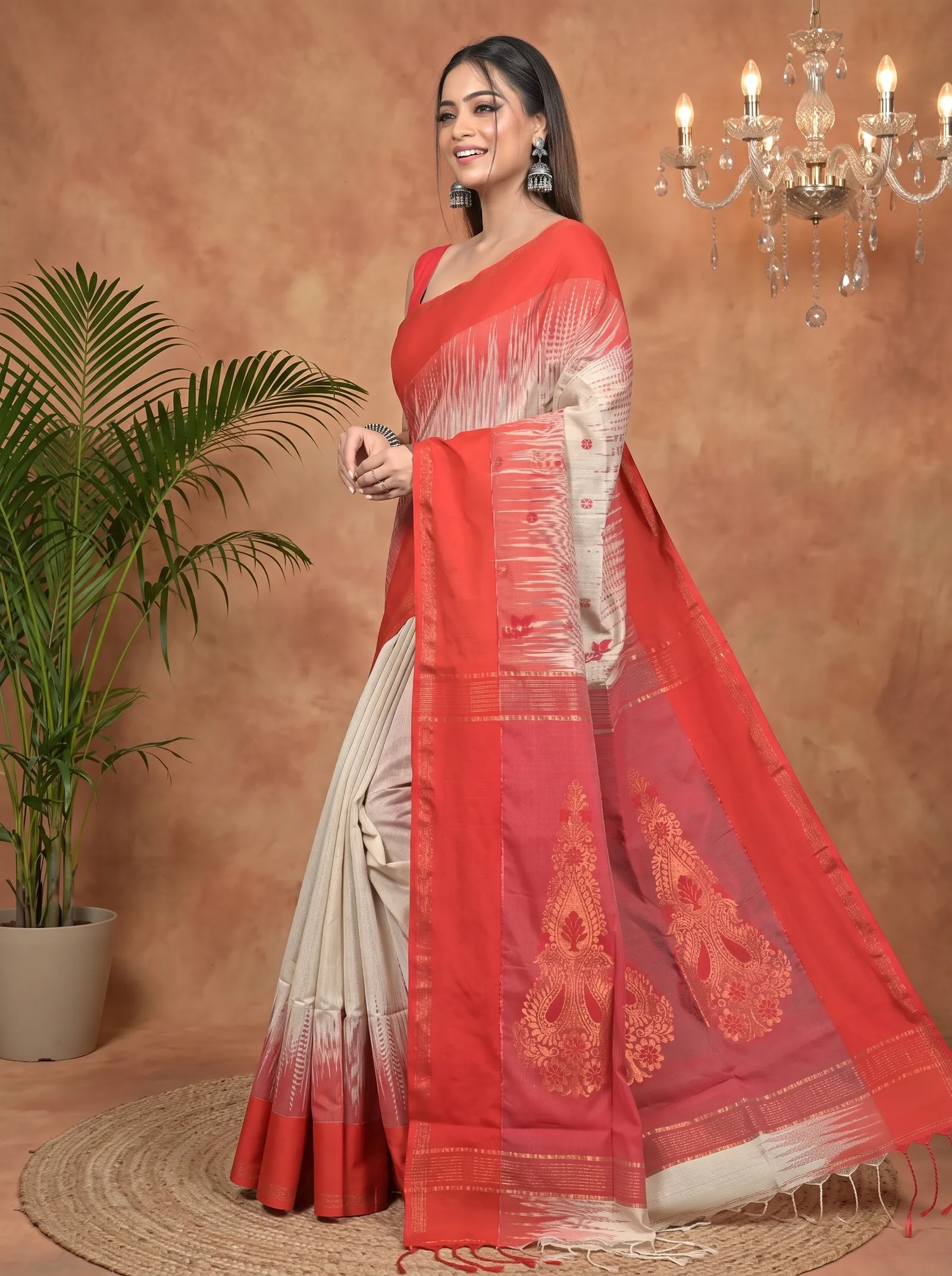 DipDiya Cotton Blend Red Cream Parlkim Loom to Love Ikkat Jharna Sarees