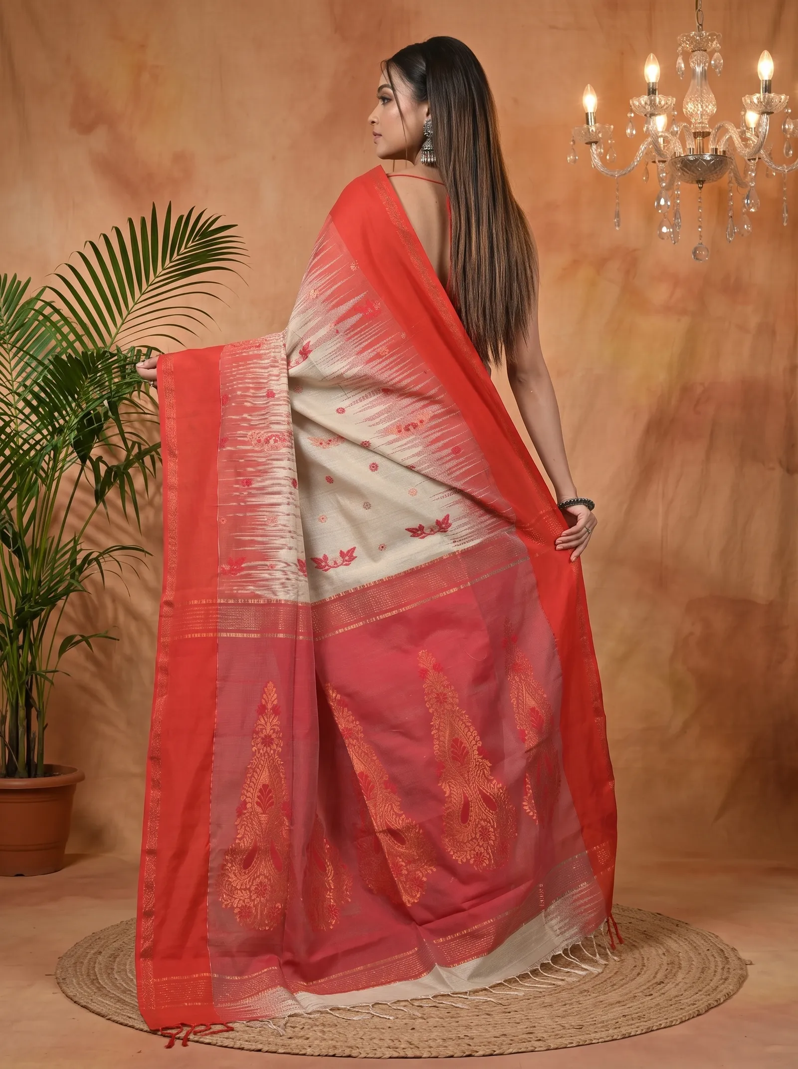 DipDiya Cotton Blend Red Cream Parlkim Loom to Love Ikkat Jharna Sarees