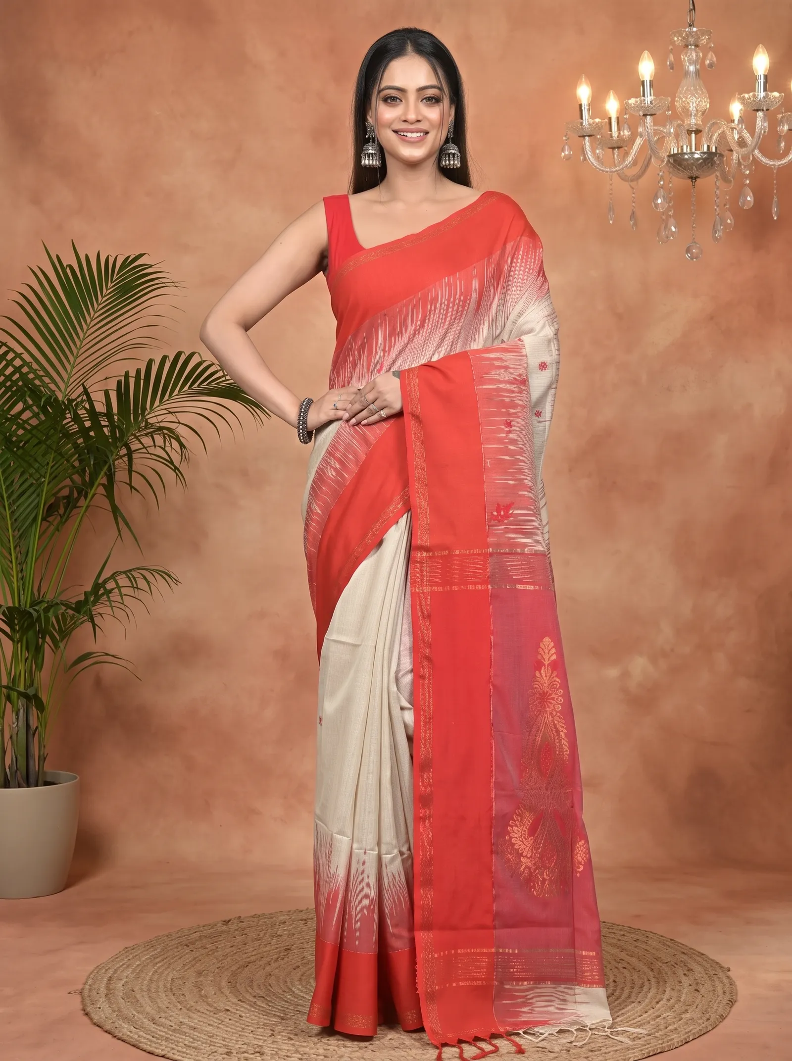 DipDiya Cotton Blend Red Cream Parlkim Loom to Love Ikkat Jharna Sarees
